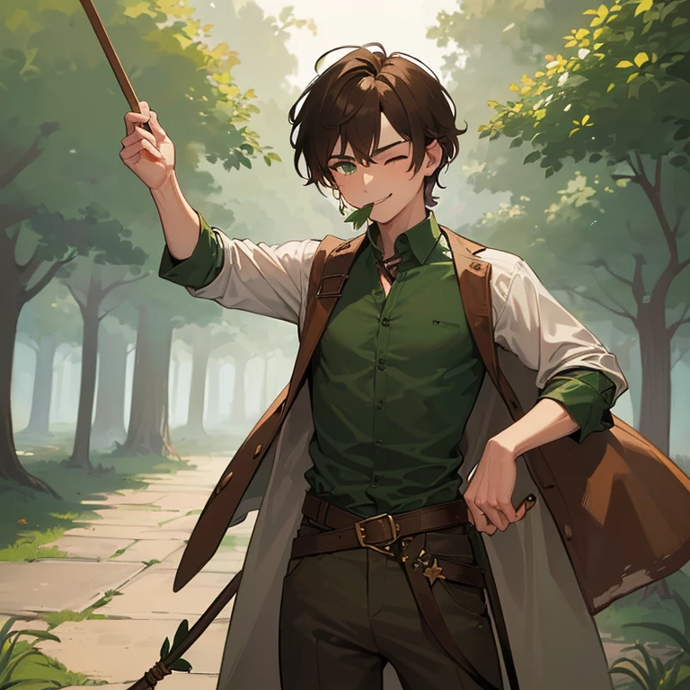 ((1 man, messy brown hair, green eyes)),((with an open green blouse, ripped brown pants)),((with a belt, with shit)),((holding a wooden wizard's staff )),((with one eye closed and with a leaf in his mouth, with a smile)), standing on a medieval street during the day