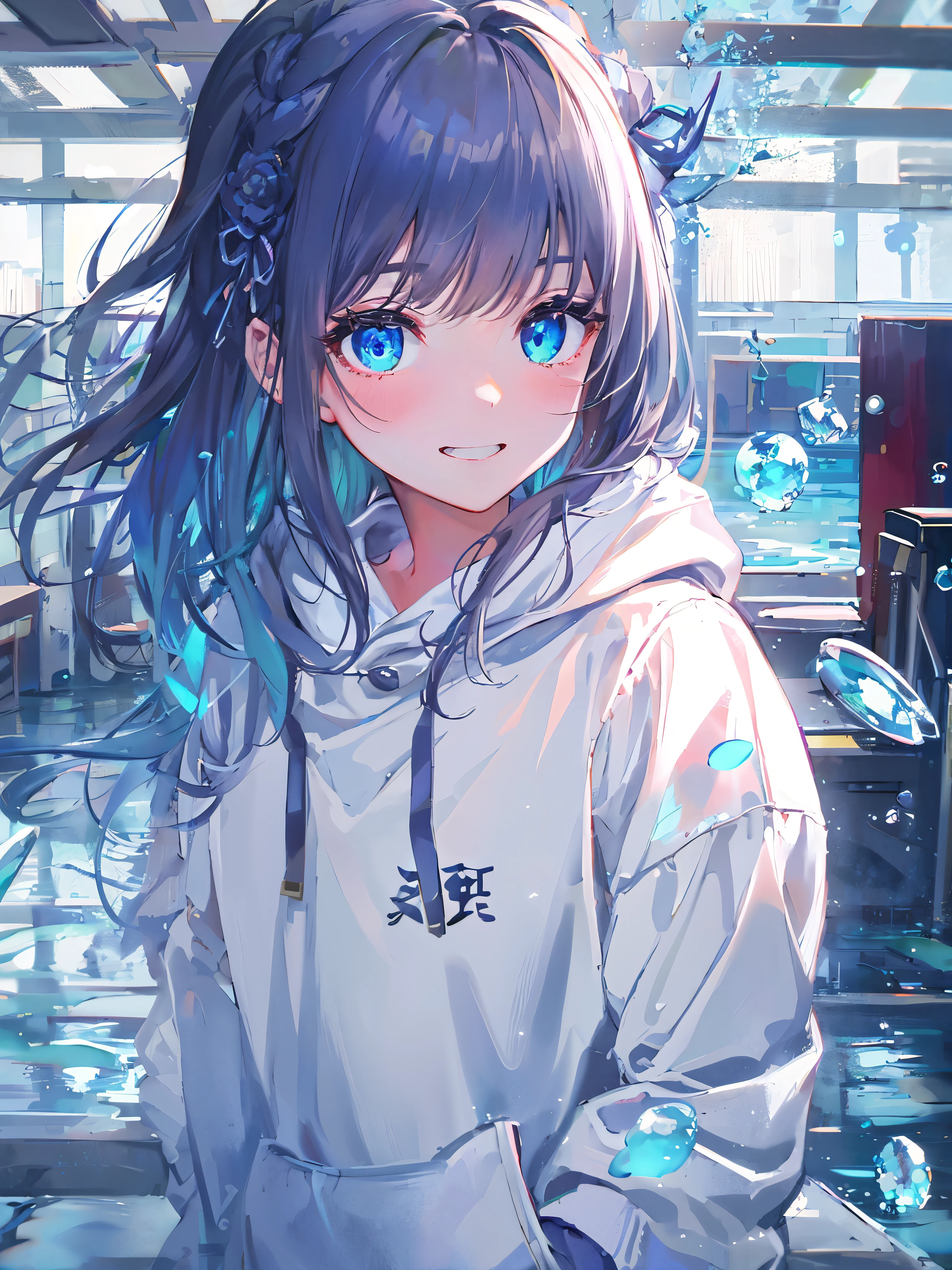 ((highest quality)), ((masterpiece)), ((Super detailed)), (extremely delicate and beautiful), girl, alone, cold attitude,((white hoodie)),彼女はandても(relax)and(Calm down)I look,written boundary depth,evil smile,bubble, underwater, エアbubble,Underwater world bright light blue eyes,明るい白髪and水色の先端を持つインナーカラー,,,,,,,,,,,,,,,,,,,,,cold background,Bob Hair - Linear Art, shorts、knee high socks、White uniform like school uniform、light blue ribbon tie、Clothes are sheer、The hand in my right pocket is like a sapphire,Fronresse Blue, A small blue light was floating、Amazing eyes、self snap,self shot