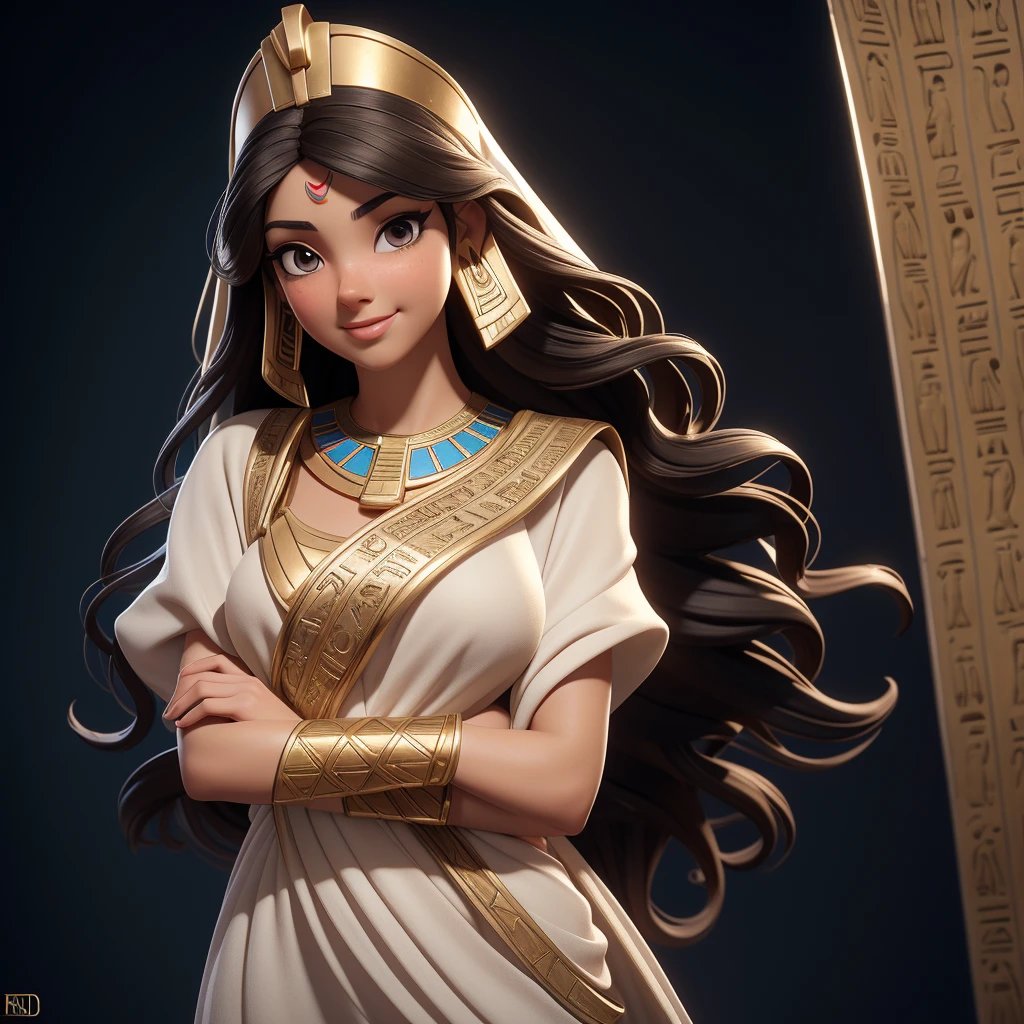 ((Masterpiece, best quality, photography, detailed skin, realistic, photo-realistic, 3D Character Design, pixar, 8k, highly detailed, full length frame, High detail RAW color art, diffused soft lighting, shallow depth of field, sharp focus, hyperrealism, cinematic lighting, close up)); Disney Pixar Movie Poster of 1 girl crossed arms, is an ancient egyptian Princess dressed in an elegant white ancient Egyptian dress, no crown, expression that exudes grace and elegance. Focus on capturing their gorgeous black wavy hair, brunette brownish skin and stunning facial features, beautiful smile, 3d render.
