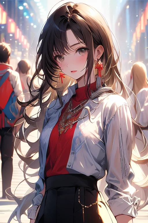 , (masterpiece:1.2), best quality,pixiv,Halfway portrait,
jewelry, skirt, red skirt, earrings, long hair, 1 girl, focus only, long sleeves, looking at the audience, Gloves, brown eyes, necklace, ribbon, hair ribbon, brown hair, bead, Keep your mouth shut, black Gloves, tassel, red lips, cosmetic, red ribbon, , skirt固定, print skirt, curls, floral, Bangs
 