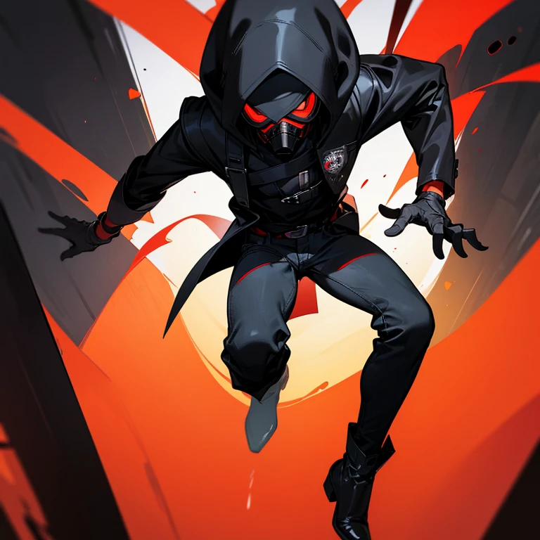 A Mysterious boy with his face covered Only his red googles are visible.Only their red googles are visible, gas mask, A black sweater with the hood on and black jeans, wearing black gloves, black boots, and a black face maskA dark-skinned boy dressed in a black button-down shirt and black jeans, wearing black gloves, black boots.