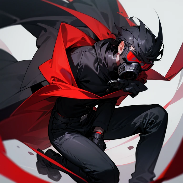 A Mysterious boy with his face covered Only his red googles are visible.Only their red googles are visible, gas mask, A black sweater with the hood on and black jeans, wearing black gloves, black boots, and a black face maskA dark-skinned boy dressed in a black button-down shirt and black jeans, wearing black gloves, black boots.
