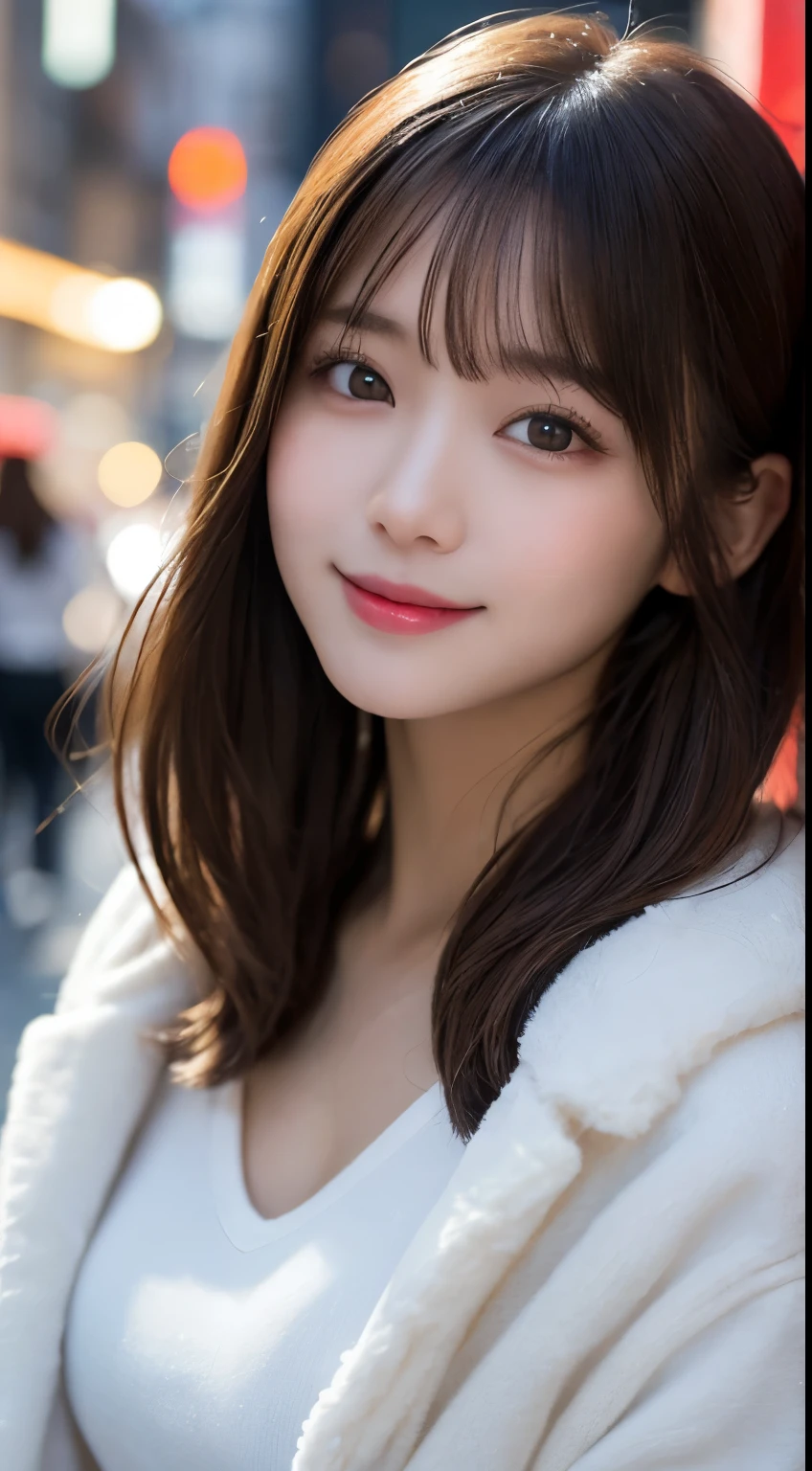 table top, highest quality, shape, Super detailed, finely, High resolution, 8k wallpaper, 完璧なダイナミックな構shape, finelyて美しい目, small breasts, natural color lip, random sexy pose,20 year old girl、midnight、beautiful and detailed face、perfect and beautiful face、blur the background、Stylish Tokyo winter outfit with random fluffy fur、genuine、perfect and beautiful double eyelids、anatomically and physiologically correct body、smile randomly、straight hair、slim face and style、blur the background