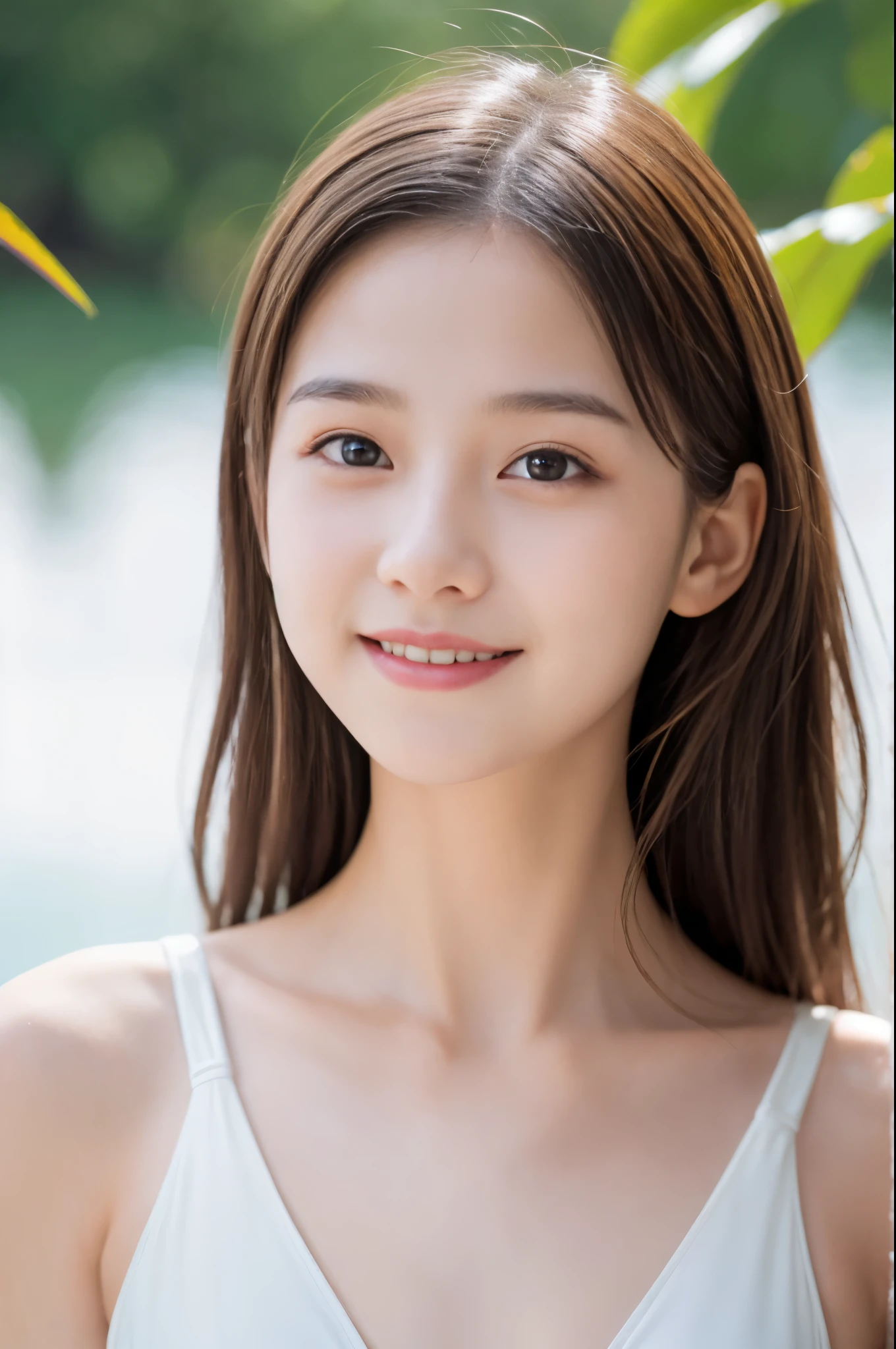 (8K、Live shooting、realistic:1.25)、1 girl、14 year old woman with a beautiful face、Floating in the air and looking down、Has insect-like transparent wings、transparent feathers、blonde、white feather swimsuit、clear white skin、shy smile、whole body、lip gloss、Glossy skin、highest quality、ultra high resolution、