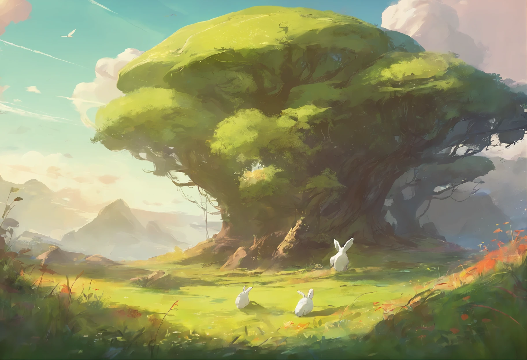 grassland,Playing rabbitresh, magic, Beautiful natural landscape