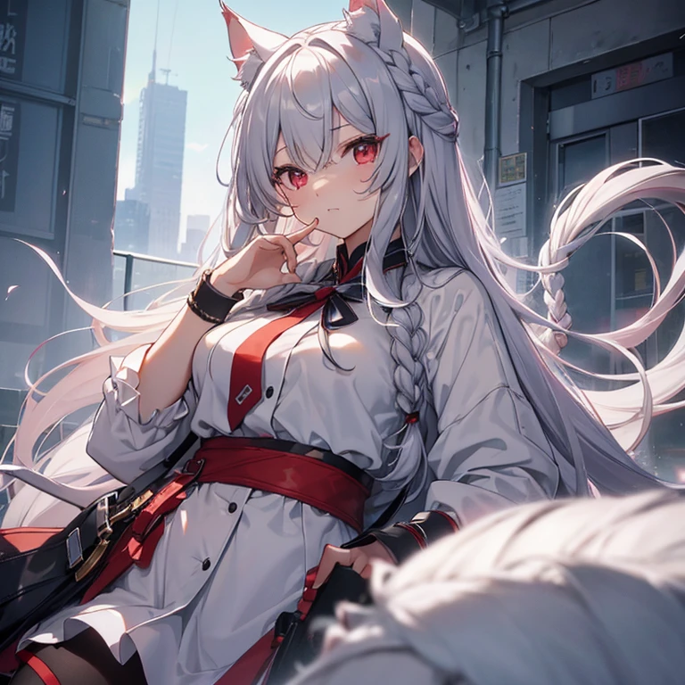 masterpiece, highest quality, beautiful, High resolution, perfect anatomy, highest quality、 8K、 red eyes, gray hair, long hair, A bunch of braids from around the eyebrows on one side, White cat ears, White cat tail, beautiful女の子、 nice、 beautiful髪、 beautiful目beautiful肌、beautiful合法的な腕、perfect fingers、 very cute、 very cute、I have a tool in my hand、Work clothes