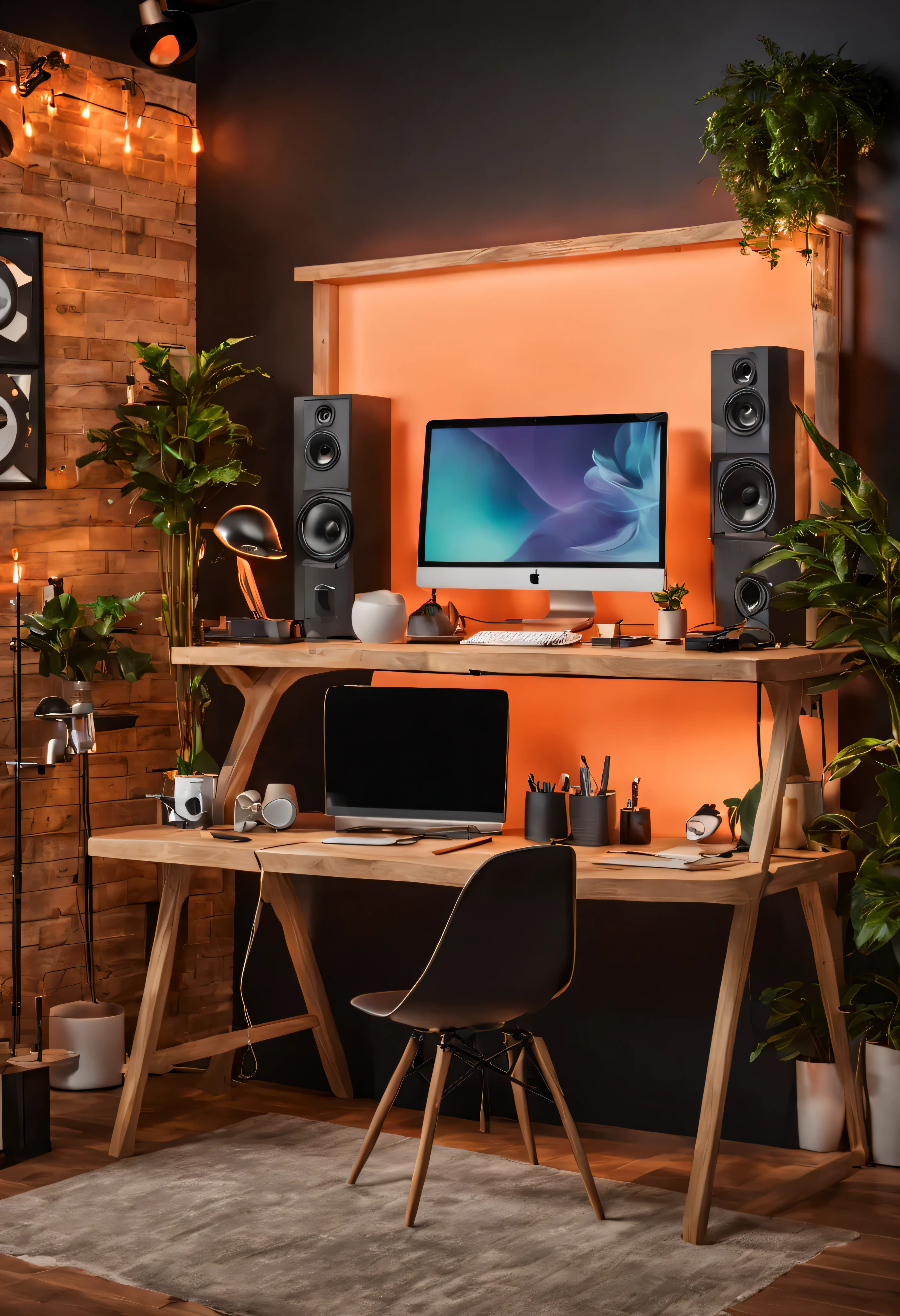 "Imagine creating a dynamic studio background for a content creator that encompasses a multi-functional space. Design an environment that incorporates vibrant RGB lighting, setting a lively and modern atmosphere. Integrate a stylish wooden showcase into the backdrop, featuring a curated mix of tech gadgets, artistic tools, awards, and personal memorabilia. Carefully arrange the lighting, including additional ambient and accent lighting, to accentuate key elements and add depth to the scene. Include a dedicated podcast setup with professional microphones, headphones, and soundproofing to convey a sense of versatility and multimedia creation. Enhance the lighting design to spotlight the podcasting area effectively. Place a sleek desk with a computer setup, emphasizing a productive and creative workspace. Consider adding decorative elements such as wall art, plants, and other accessories to enhance the overall aesthetic. The goal is to craft a visually captivating studio background that seamlessly combines elements of creativity, technology, and podcasting while incorporating various lighting techniques to elevate the overall visual impact."