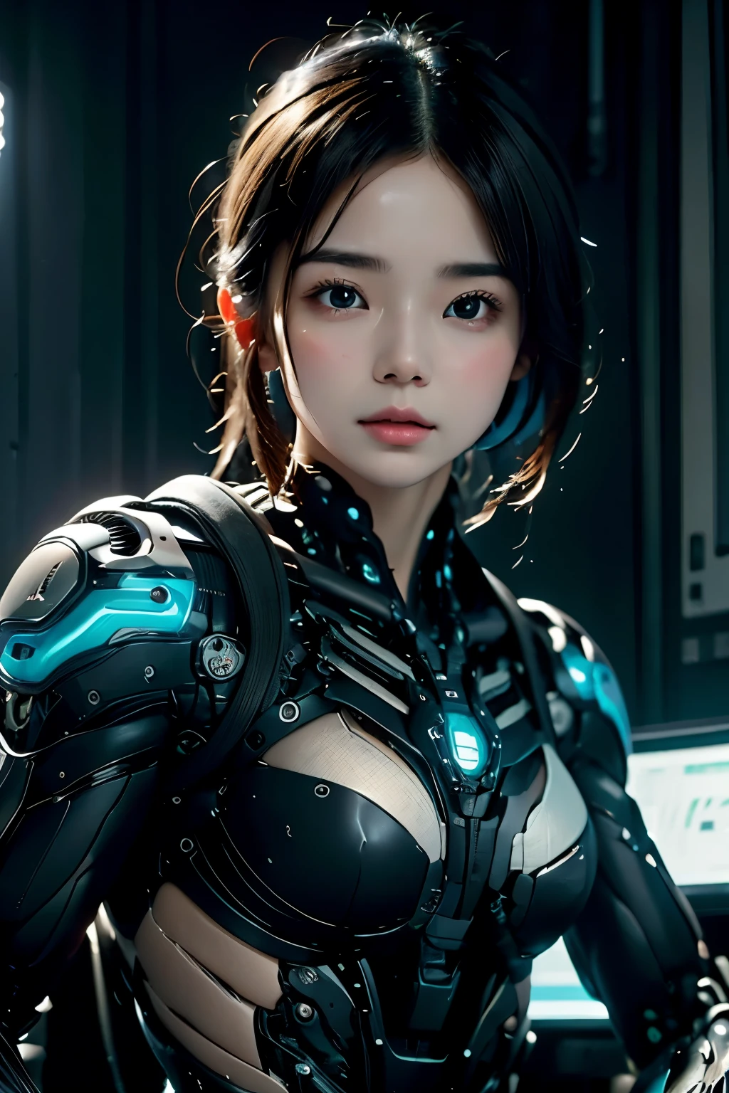 Intelligent Bionic Robot, girl、Cyborg Robot Parts、cable electric wireicrochipright studio、(hyperphotorealism、high-detail、intricate detaileinelighting, rendering by octane、portrait), neon blue Lights, Unreal Engine 5 Renderechanical Public Enemy Style、8K、top-quality、​masterpiece、Low ISO、White Balance、high key lighting、Creates a soft and graceful feel with a shallow depth of field,超A high resolution,muscular, cyberpunked,black hair, mechanisms body, mechanisms legs, blue orb in body