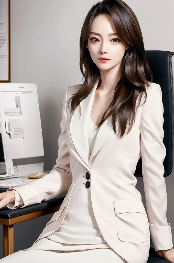 masterpiece, highest quality, (realistic:1.4), 8K, RAW photo, ultra high resolution, very detailed eyes and face, very detailed, disorganized, Professional,1 girl,small breasts, thin,skinny,looking at the viewer,suit,Upper body,office lady,  Zhang Jiaren,long hair, sitting,