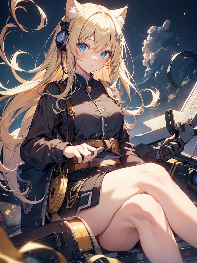 masterpiece, highest quality, beautiful, High resolution, perfect anatomy, highest quality、 8K、 blue eyes, blonde, long hair, Cat ear, cat tail, beautiful女の子、 nice、 beautiful髪、 beautiful目beautiful肌、beautiful合法的な腕、perfect fingers、 very cute、 very cute、Work clothes、I have a tool in my hand、fixing the robot、Background Factory