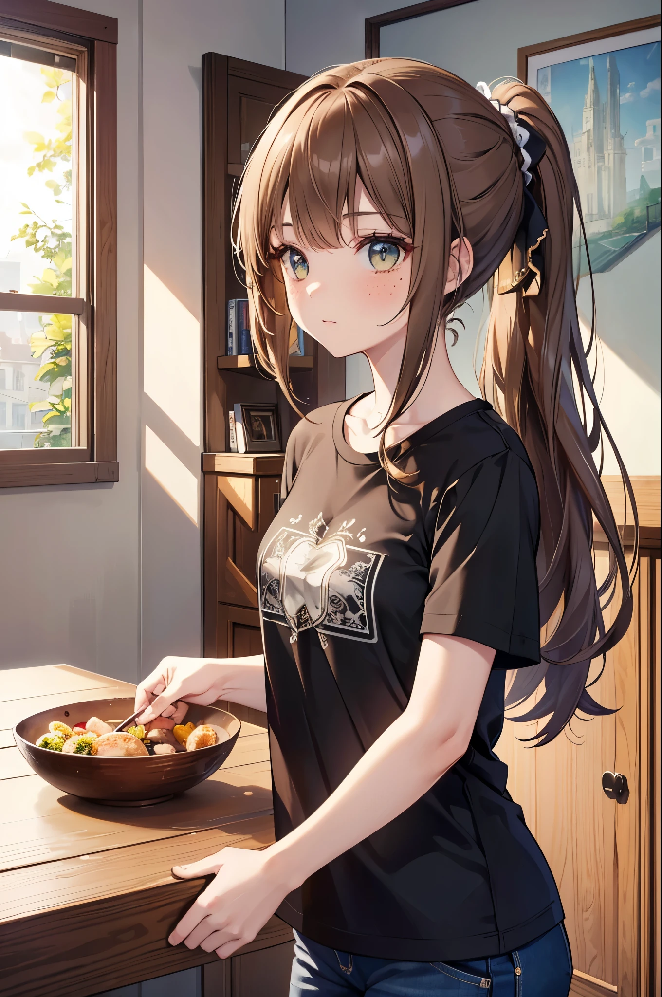 1.5, best quality, high quality, HD, High quality texture, high detail, Beautiful detailed, detailed meticulous, Extremely detailed CG, Detailed texture, 1 girl, Miss, woman, (()), young, brown hair, long ponytail, Casual Wear, , a pure color T-shirt, freckle, indoors