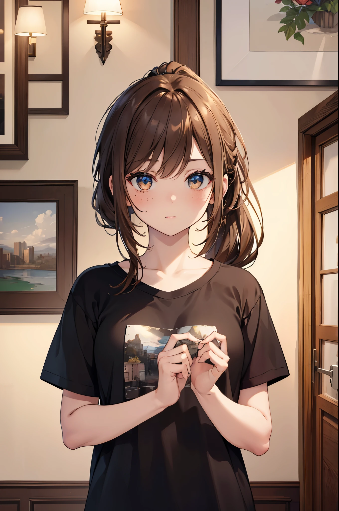 1.5, best quality, high quality, HD, High quality texture, high detail, Beautiful detailed, detailed meticulous, Extremely detailed CG, Detailed texture, 1 girl, Miss, woman, (()), young, brown hair, long ponytail, Casual Wear, , a pure color T-shirt, freckle, indoors