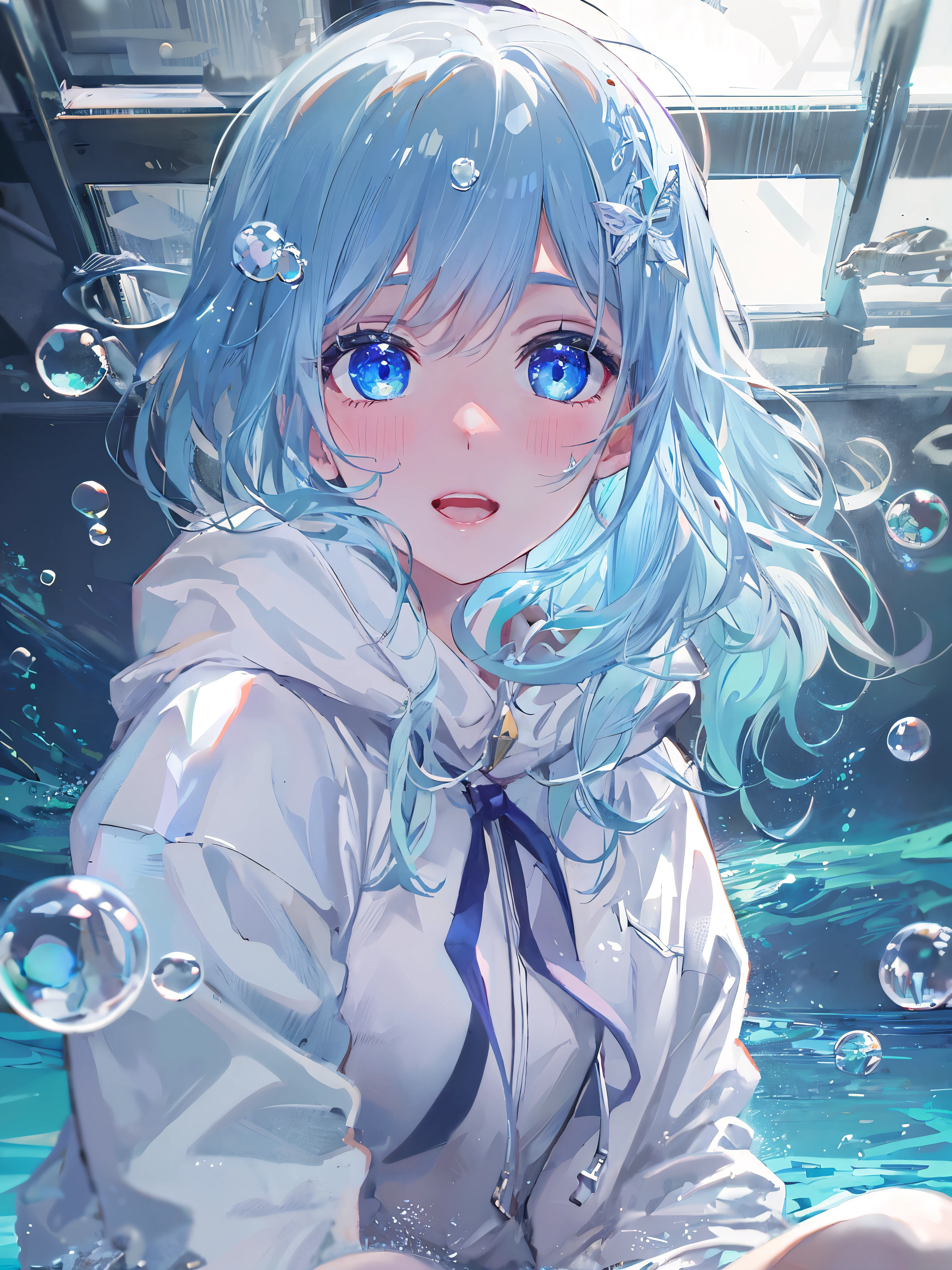 ((highest quality)), ((masterpiece)), ((Super detailed)), (extremely delicate and beautiful), girl, alone, cold attitude,((white hoodie)),彼女はandても(relax)and(Calm down)I look,written boundary depth,evil smile,bubble, underwater, エアbubble,Underwater world bright light blue eyes,明るい白髪and水色の先端を持つインナーカラー,,,,,,,,,,,,,,,,,,,,,,cold background,Bob Hair - Linear Art, shorts、knee high socks、White uniform like school uniform、light blue ribbon tie、Clothes are sheer、The hand in my right pocket is like a sapphire,Fronresse Blue, A small blue light was floating、Amazing eyes、self snap,self shot