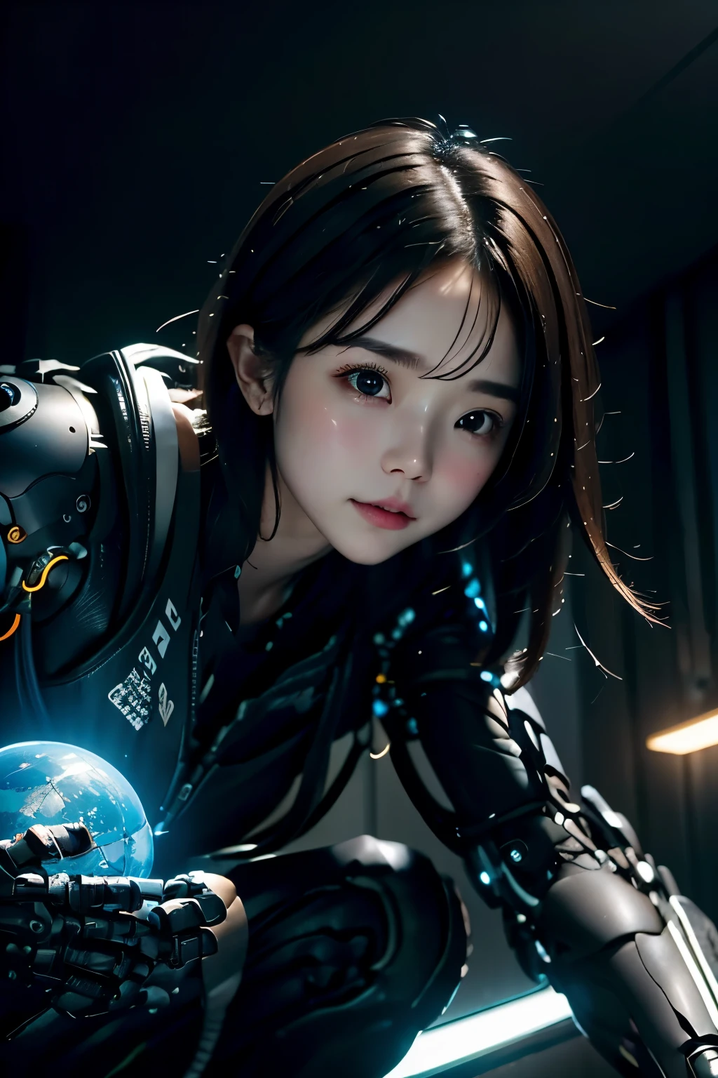 Intelligent Bionic Robot, girl、Cyborg Robot Parts、cable electric wireicrochipright studio、(hyperphotorealism、high-detail、intricate detaileinelighting, rendering by octane、portrait), neon blue Lights, Unreal Engine 5 Renderechanical Public Enemy Style、8K、top-quality、​masterpiece、Low ISO、White Balance、high key lighting、Creates a soft and graceful feel with a shallow depth of field,超A high resolution,muscular, cyberpunked,black hair, mechanisms body, mechanisms legs, blue orb in body