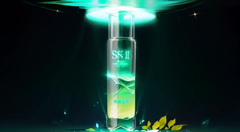 bottle of essence water,illustration, film light, fantasy, high resolution, highest quality, 8k, Super detailed, best quality, masterpiece, luminescender underworld fantasy) Forest plants with neon details, Magic particles, Star, Green and blue color palette, cosmic resonance, enchanted forest, Neon flowers, crystal on the ground, floating little gems, strong atmosphere
