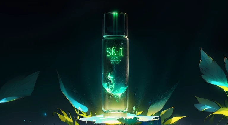 bottle of essence water，illustration, film light, fantasy, high resolution, highest quality, 8k, Super detailed, best quality, masterpiece,  luminescender underworld fantasy) Forest plants with neon details, Magic particles, Star, Green and blue color palette, cosmic resonance, enchanted forest, Neon flowers, crystal on the ground, floating little gems, strong atmosphere