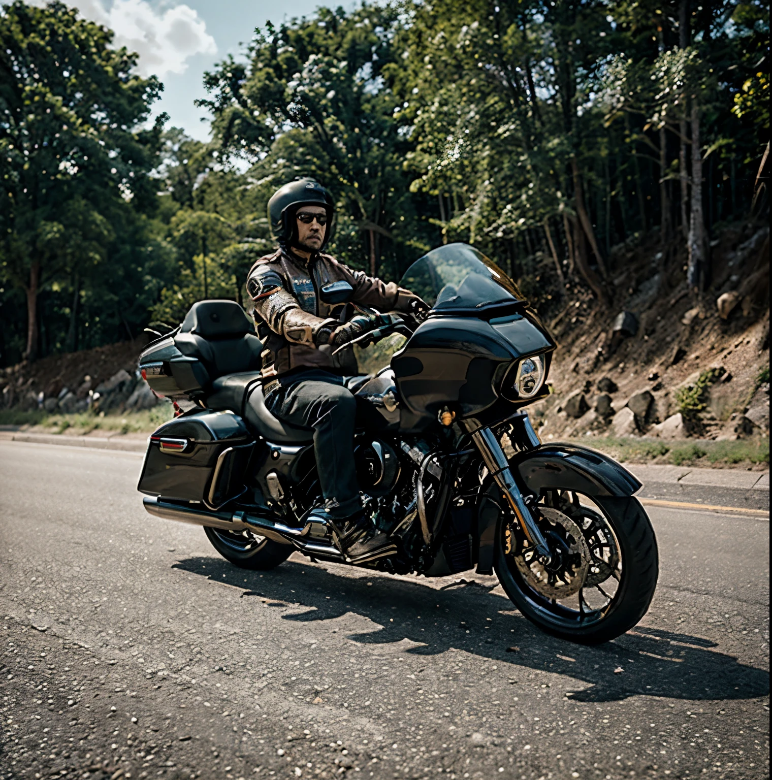 malay male ride harley road glide, without helmet, 35mm lense, Natural Lighting, cool-toned color grading, high quality, ultra detail, 8k resolution