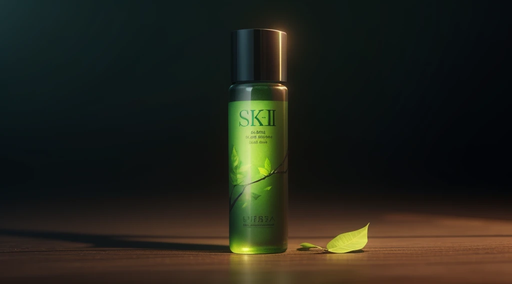 A bottle of serum,Cool Chinese fonts,teal,masterpiece,(Very detailed CG unified 8k wallpaper),(best quality),(Best Best Illustration),(best shadow),背景森林主题与natural elementslossoms,Warm color palette,Surrounded by delicate leaves and branches,Sunlight,(natural elements),(jungle theme),(leaf),vine,Butterfly leaves),(particle effects),Isometric 3D,Render by Octane, Ray tracing,Super detailed--v6