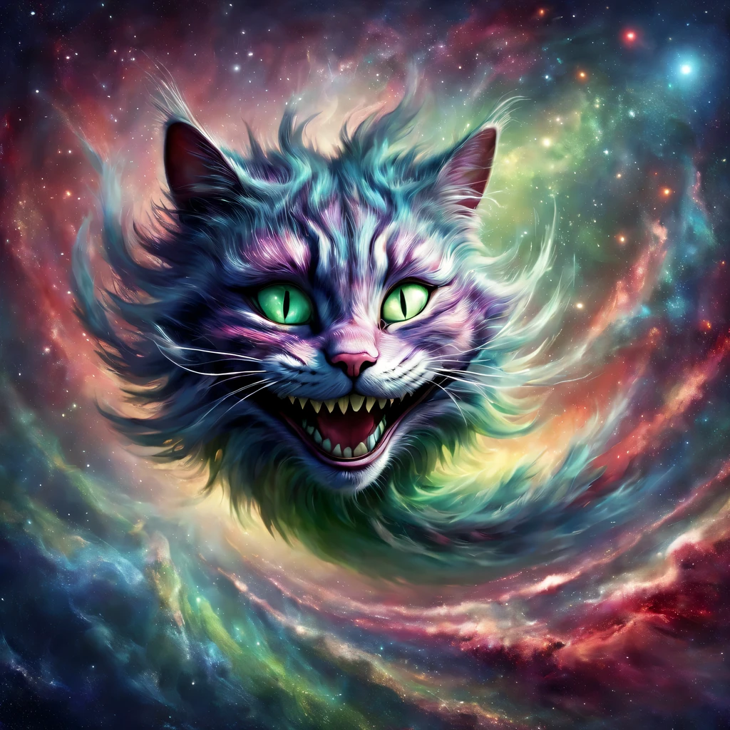 colored illustration, illustrations from children's magazines, Character from Alice's Adventures in Wonderland, The smile of the Cheshire Cat flies in the space between the earth and the starry sky, cosmic dust falls to the ground and forms the smile of the Cheshire Cat, cosmic dust in the form of a smile from the Cheshire Cat, no cat, no eyes, no nose, Just a smile, psychedelic art, palette colors: red, blue, Yellow & Green, winner of the international illustration competition
