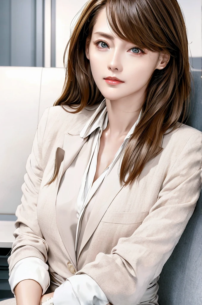 masterpiece, highest quality, (realistic:1.4), 8K, RAW photo, ultra high resolution, very detailed eyes and face, very detailed, disorganized, Professional,1 girl,small breasts, thin,skinny,looking at the viewer,suit,Upper body,office lady, Zhang Jiaren,long hair, sitting,