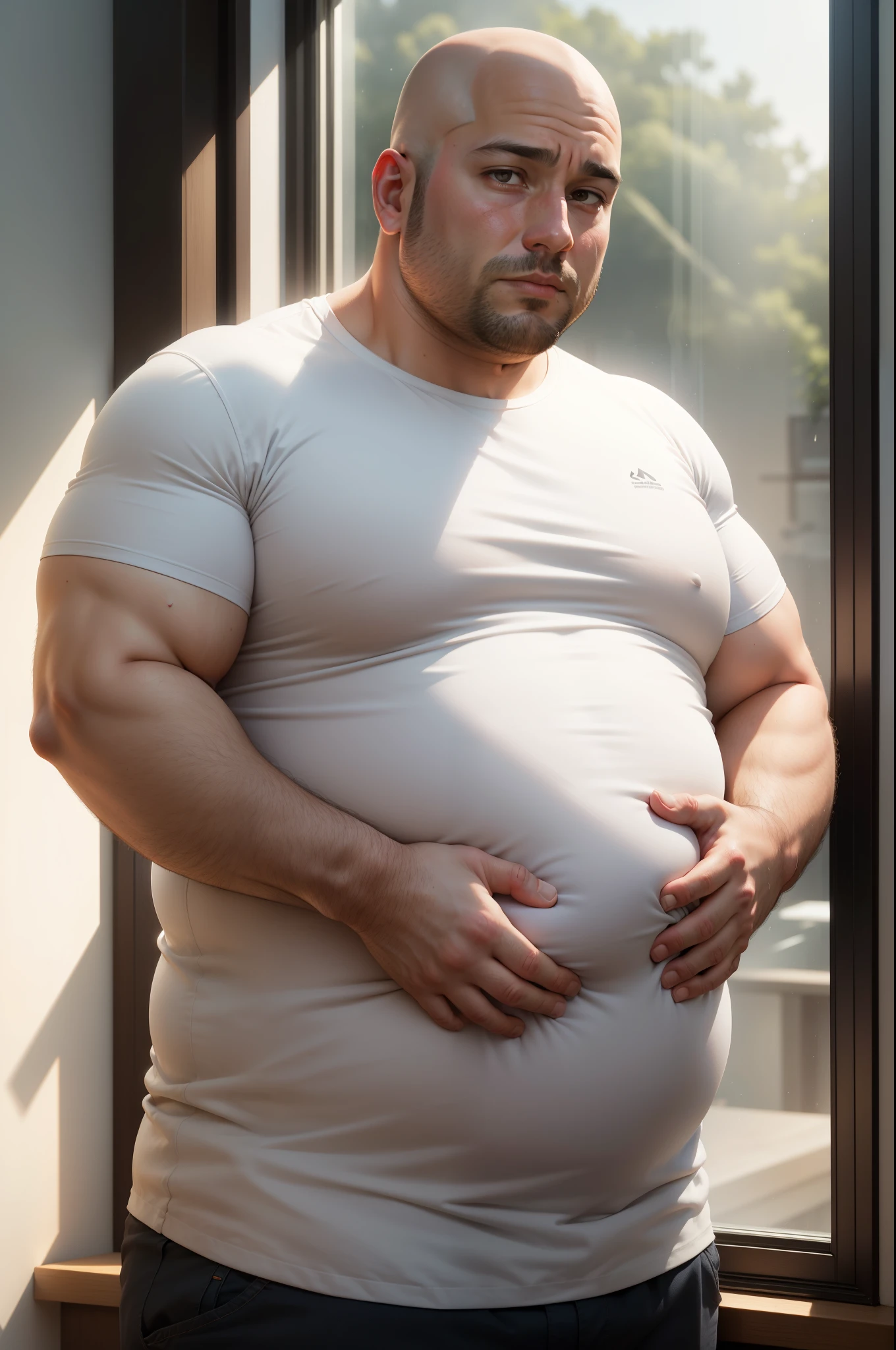 A man in his thirties, with a fat face, wearing a white shirt, bald head, and a painful look on his face, touching his stomach with his hands, next to a window with sunlight shining through