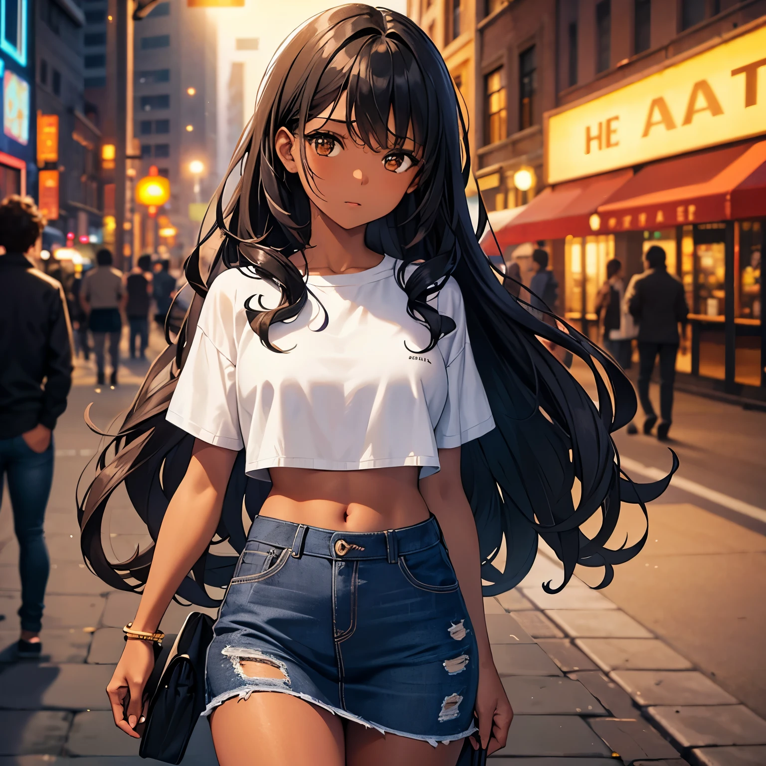 one girl, black skin, brown eyes, curly hair, black hair, crop top, jeans skirt, dark street, street lights, night city