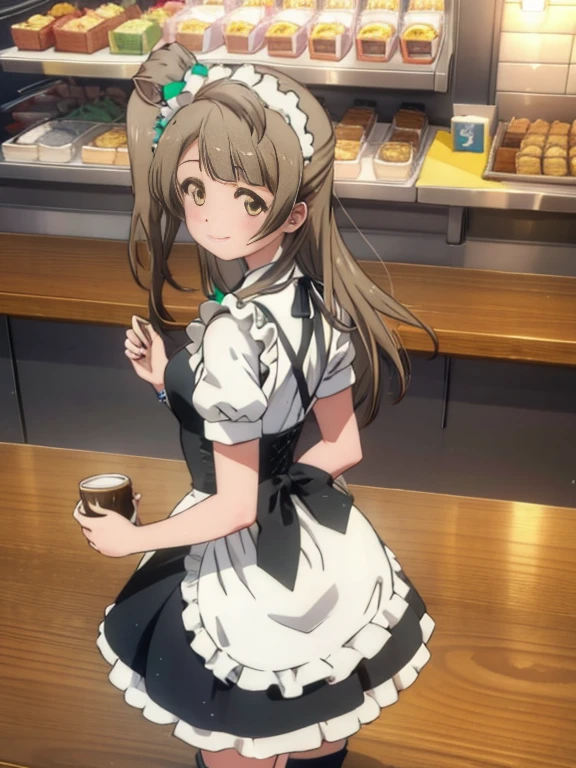 (((pixel perfect, Perfection in every detail))), alone, 1 girl, Kotori Minami,  smile,Maid Uniform, maid headdress, maid apron、long skirt,boots,coffee shop,show your back,turn around,Close one eye and wink