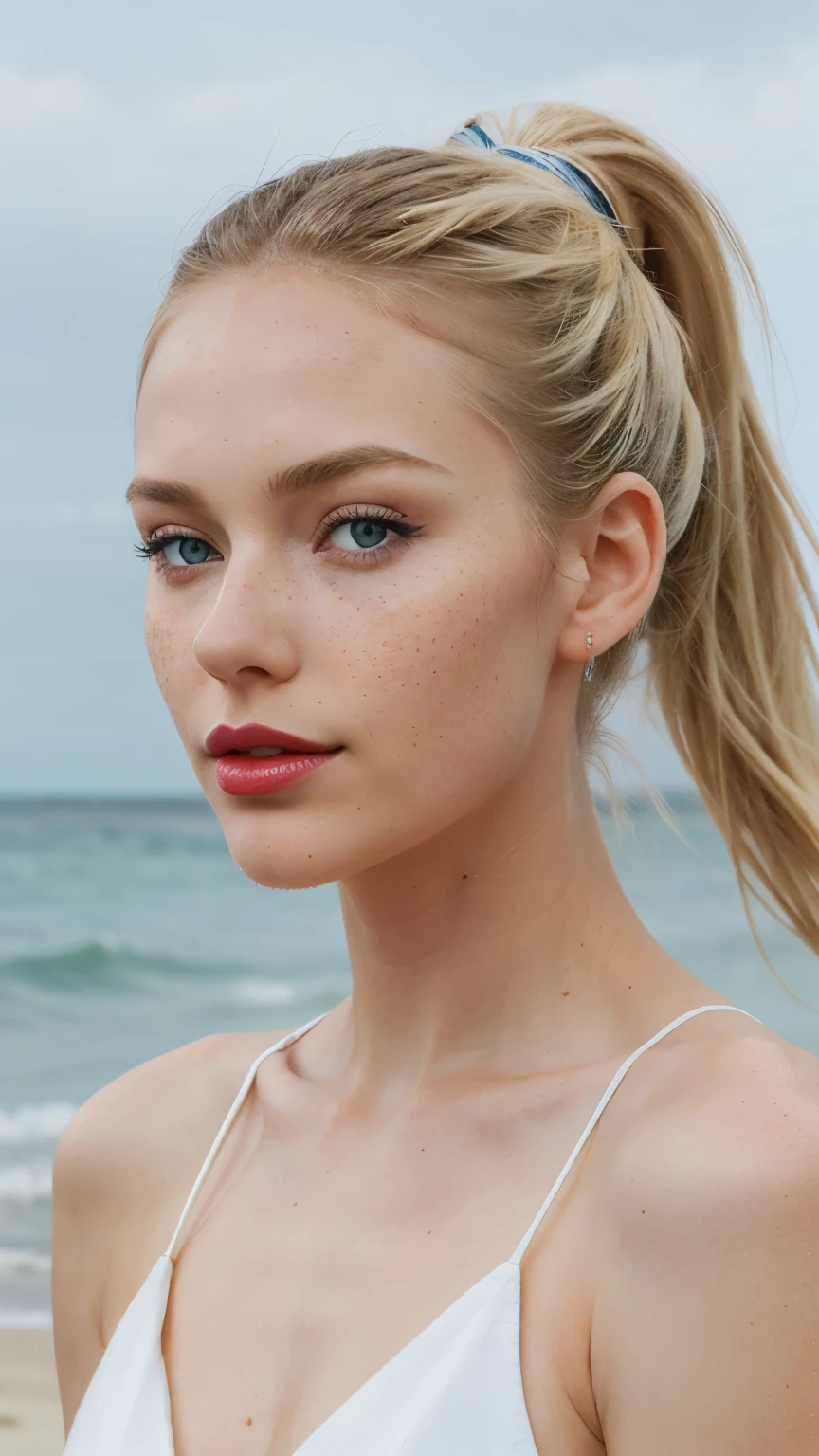 Beautiful skinny girl, elongated face and thin chin, freckles, blonde, blue eyes, red lipstick, beautiful makeup, white skin,top , just face , in the beach , ponytail hair