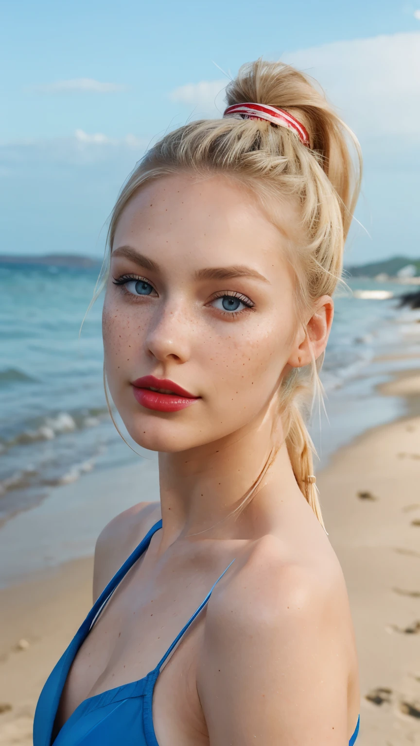 Beautiful skinny girl, elongated face and thin chin, freckles, blonde, blue eyes, red lipstick, beautiful makeup, white skin, bikini , just face , in the beach , ponytail hair