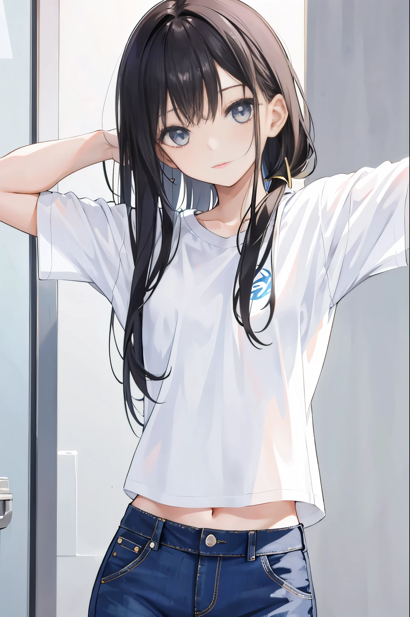 Girl posing for photo in white OK and tight denim, Put your arms behind your back, whole body, Wear yours with a cropped T-shirt, OK, slim figure, Smaller bust, Slim girl model, 24 years old female model,