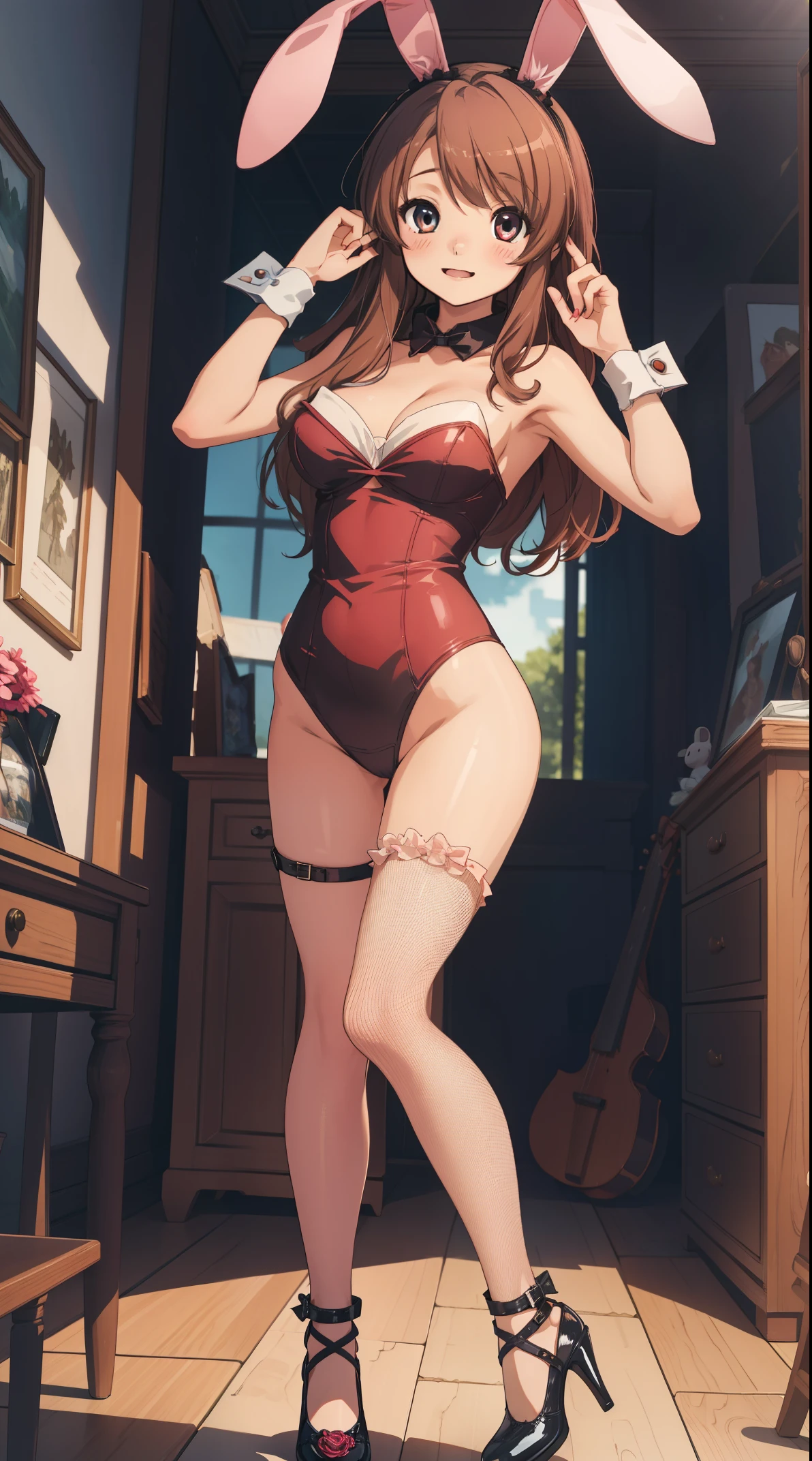 1girl, absurdres, masterpiece, highly detailed, best quality, illustration, game cg, mikuru1, asahina mikuru, solo focus, beautiful detailed eyes, light makeup, glossy lips, light smile, blush, bunny, bunny ears, strapless leotard, fishnet tights, high heels, detached collar, wrist cuffs