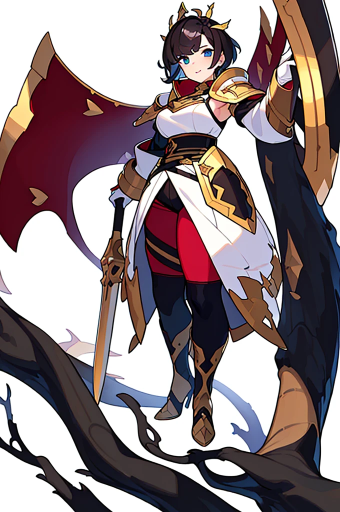 stand posture, cute eyes, adult woman,, solo, high fantasy outfits, ((white background)), full body, holding weapon,