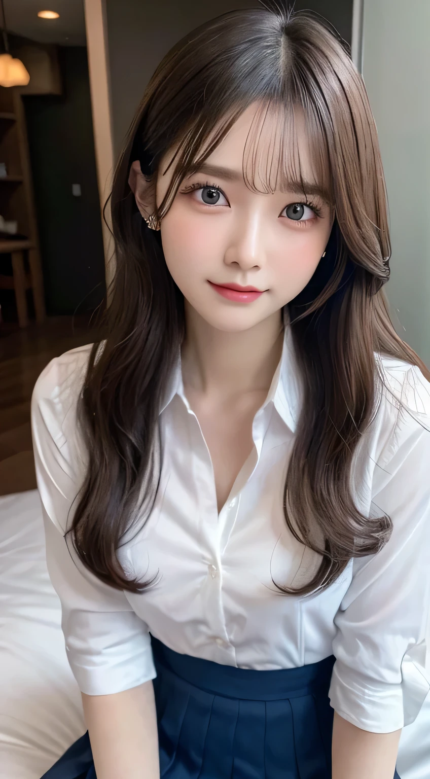 Innocent girl、((school uniform,Unbuttoned white shirt,skirt,pantyhose,dramatic pose)),cute face,bright eyes,tear bag,shy smile,shortcut,bed background,RAW photo, (8K、highest quality、masterpiece:1.2)、(intricate details:1.4)、(realistic:1.4)、octane rendering、Intricate 3D rendering Super detaileded, soft light in the studio, rim light, vivid details, Super detailed, realistic skin texture, face, beautiful detailed eyes, Highly detailed CG Unity 16k wallpaper, compensate, (detailed background:1.2), shiny skin, whole body、Draw from head to knee、cleavage,((Stand on your knees with your legs open))