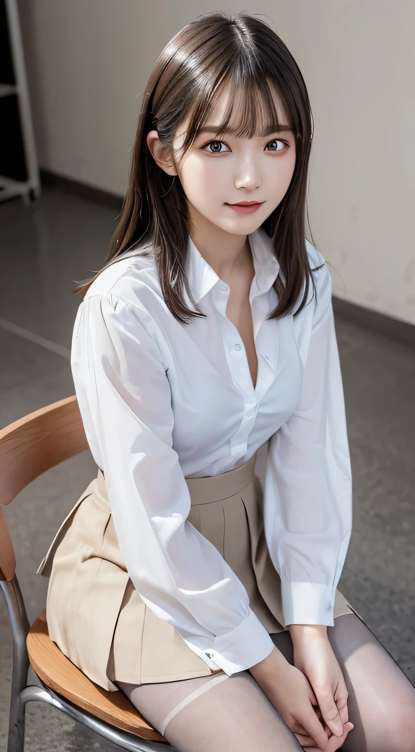 Innocent  girl、((school uniform,Unbuttoned white shirt,skirt,pantyhose,dramatic pose)),cute face,bright eyes,tear bag,shy smile,shortcut,bed background,RAW photo, (8K、highest quality、masterpiece:1.2)、(intricate details:1.4)、(realistic:1.4)、octane rendering、Intricate 3D rendering Super detaileded, soft light in the studio, rim light, vivid details, Super detailed, realistic skin texture, face, beautiful detailed eyes, Highly detailed CG Unity 16k wallpaper, compensate, (detailed background:1.2), shiny skin, whole body、Draw from head to knee、cleavage,((sit on a chair with your legs apart,Angle seen from above))