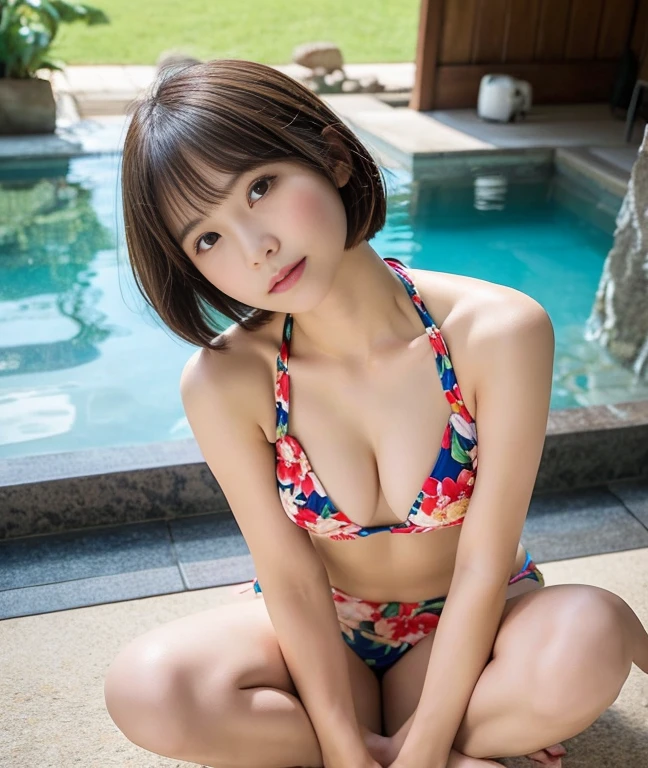 Japan Solo Women、Floral bikini swimsuit、(master piece、realistic、Raw photo、8k)、naughty expression、emphasize the chest、Companion's perspective、naughty pose、wavy short bob cut、detailed face、sitting cross-legged on the floor