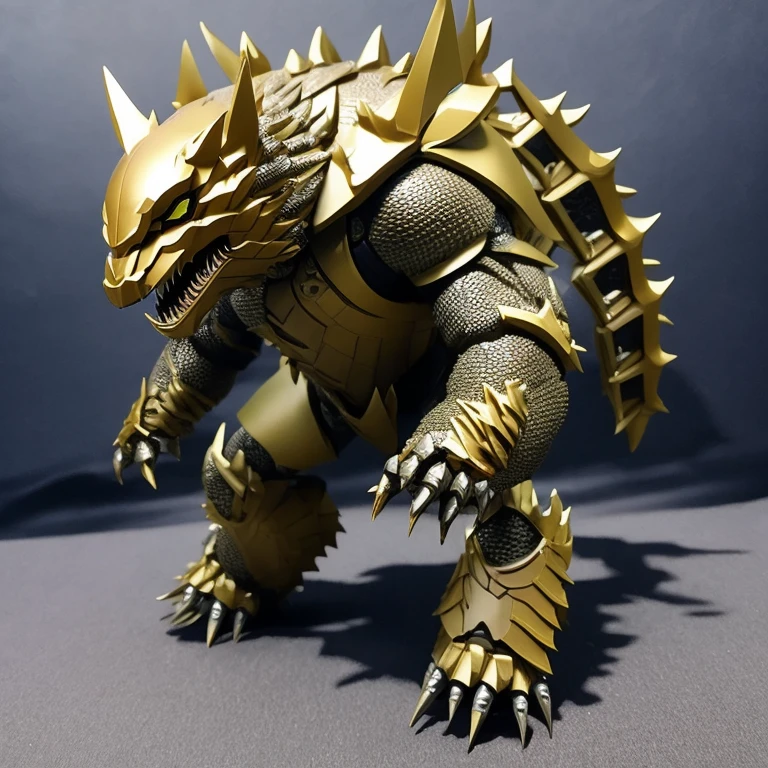 Kaiju shaped like a spinosaur with three sails on its back and large arms and large claws and large teeth in black and green