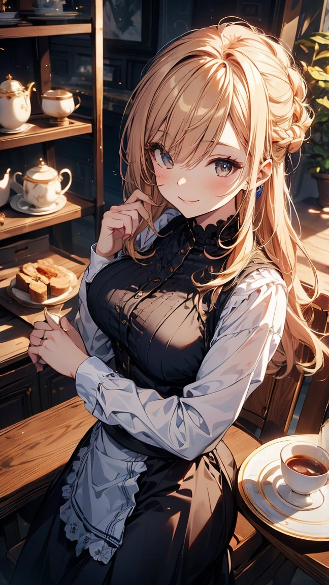(Masterpiece, best quality), (ultra high resolution, 8K RAW photo, photo realistics:1.5, textile shading, thin outline), Beautuful Matured woman preparing tea-party in the garden, (tea set, tea pot, tea cups, some cakes on dish), Gothic table, wearing traditional dark-brown maid uniform, maid costume:1.2, long flare skirts, apron, Tall and long legs, long white hair, wearing rimless grasses, (milf:1.5, 28 years old, solo), (large breast, sagging breast, big tits, narrow waist), (long white hair, hair over one eye, updo, side lock, asymmetric hair, wavy hair), (bright pupils, detailed eyes, high detailed face, Perfect face shape, eye rush), (seductitve smiling, half-closing eyes), (looking at viewers:1.3), (dynamic angle, tighs focus, from above:1.2), ((correct anatomy:1.5, correct hands)), (ideal ratio of body proportions), outdoor, glass garden,