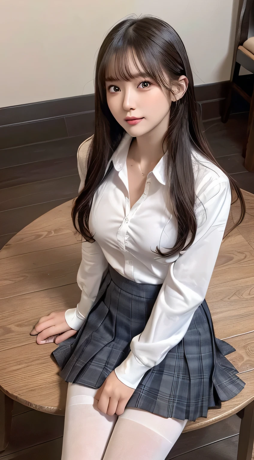 Innocent 16 year old girl、((school uniform,Unbuttoned white shirt,skirt,pantyhose,dramatic pose)),cute face,bright eyes,tear bag,shy smile,shortcut,bed background,RAW photo, (8K、highest quality、masterpiece:1.2)、(intricate details:1.4)、(realistic:1.4)、octane rendering、Intricate 3D rendering Super detaileded, soft light in the studio, rim light, vivid details, Super detailed, realistic skin texture, face, beautiful detailed eyes, Highly detailed CG Unity 16k wallpaper, compensate, (detailed background:1.2), shiny skin, whole body、Draw from head to knee、cleavage,((sit on a chair with your legs apart,Angle seen from above))