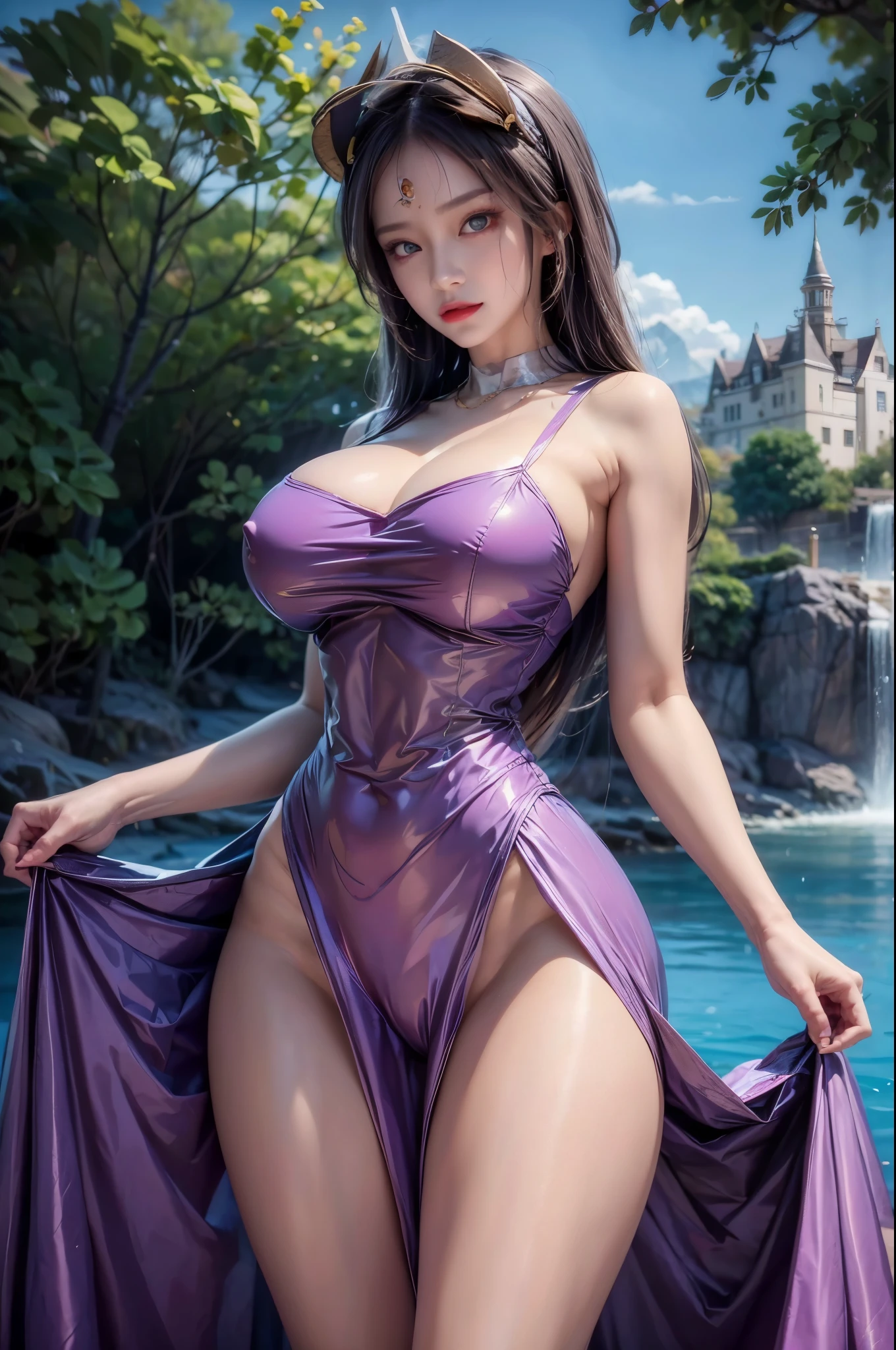 realistic, 1 women, best quality, 12k, HD, long hair, big round breasts, cleavage, ponytail, necklace, jewelry, shorts, short jacket, slim hips, hair tie, yellow eyes, black hair, super detailed, Eye details, hair details, person details, mouth details, face details, breast details, clothes details, hair details, pants details, hand details, whole body