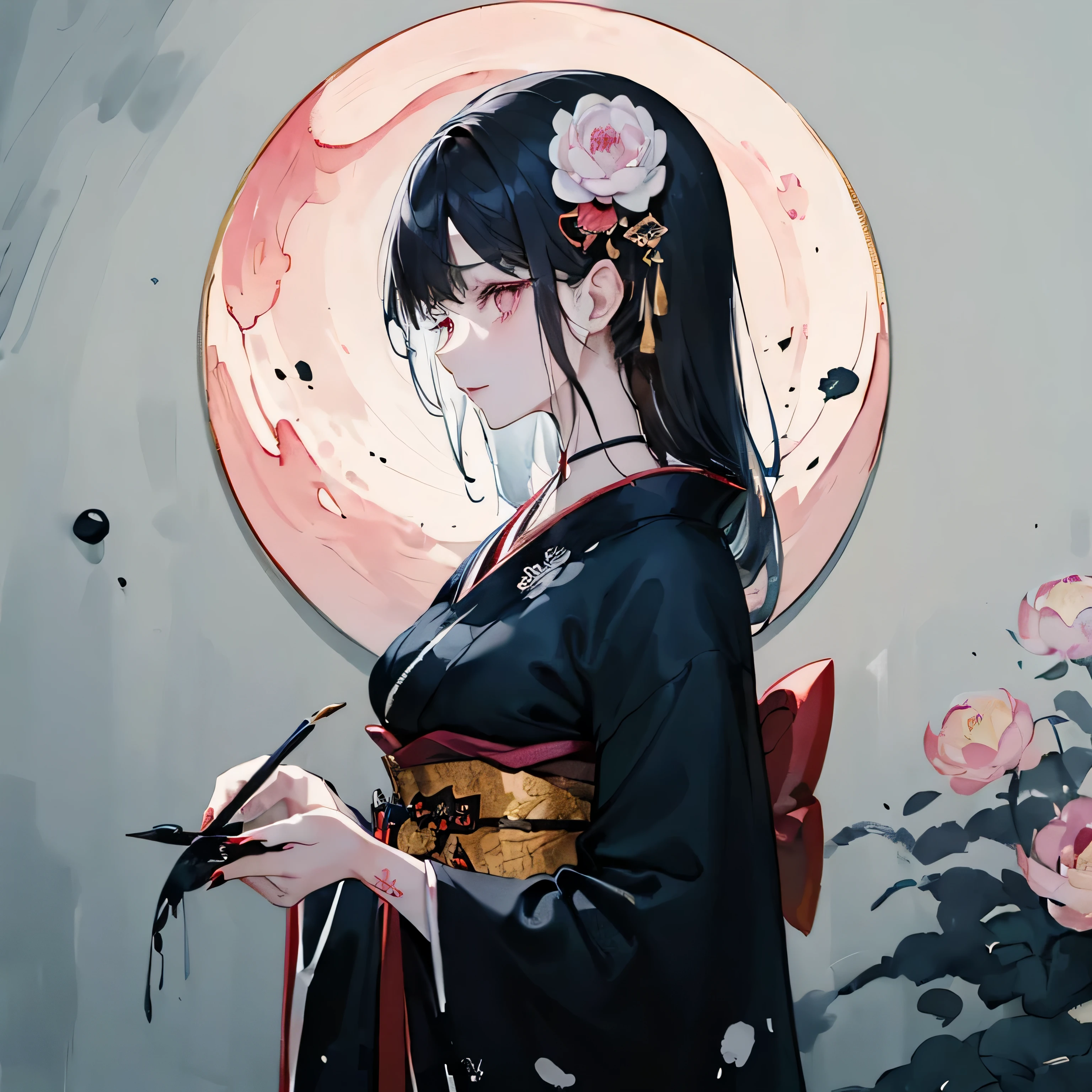 (((Ink painting:2)))(((Woman in Japanese style、Black hair super long hair、very long hair:1.5、Hair tips trimmed horizontally:1.4、hime cut:1.8、bangs cut horizontally:1.5　thin jaws、thin, slanted eyes、high nose、lace black choker、Kimono with frills　black snake tattoo on body)))、Peony hairpin、black eyes、beige eyeshadow、red lipstick、morbidly white skin:1.8、Kimono that shows some shoulders、(((Luxurious black kimono with delicate patterns:1.5)))、(((slender and delicate body:1.6)))、(((face:1.2、face focus:1.2　close up on face:1.2)))(((I'm looking at this:1.5)))((peony flower background:1.4、The shoji opens and you can see the garden:1.4、moon floating in the sky:1.4,Japanese room without lighting:1.8、Interior illuminated by big blue moonlight:1.8)))(((Touching the chest with one hand:1.2)))(profile:1.2)(((moonlight:1.8)))(((Blue hour:1.6)))official fine art，Representative works，masterpiece、highest quality、High resolution, beautiful detailed glow, 