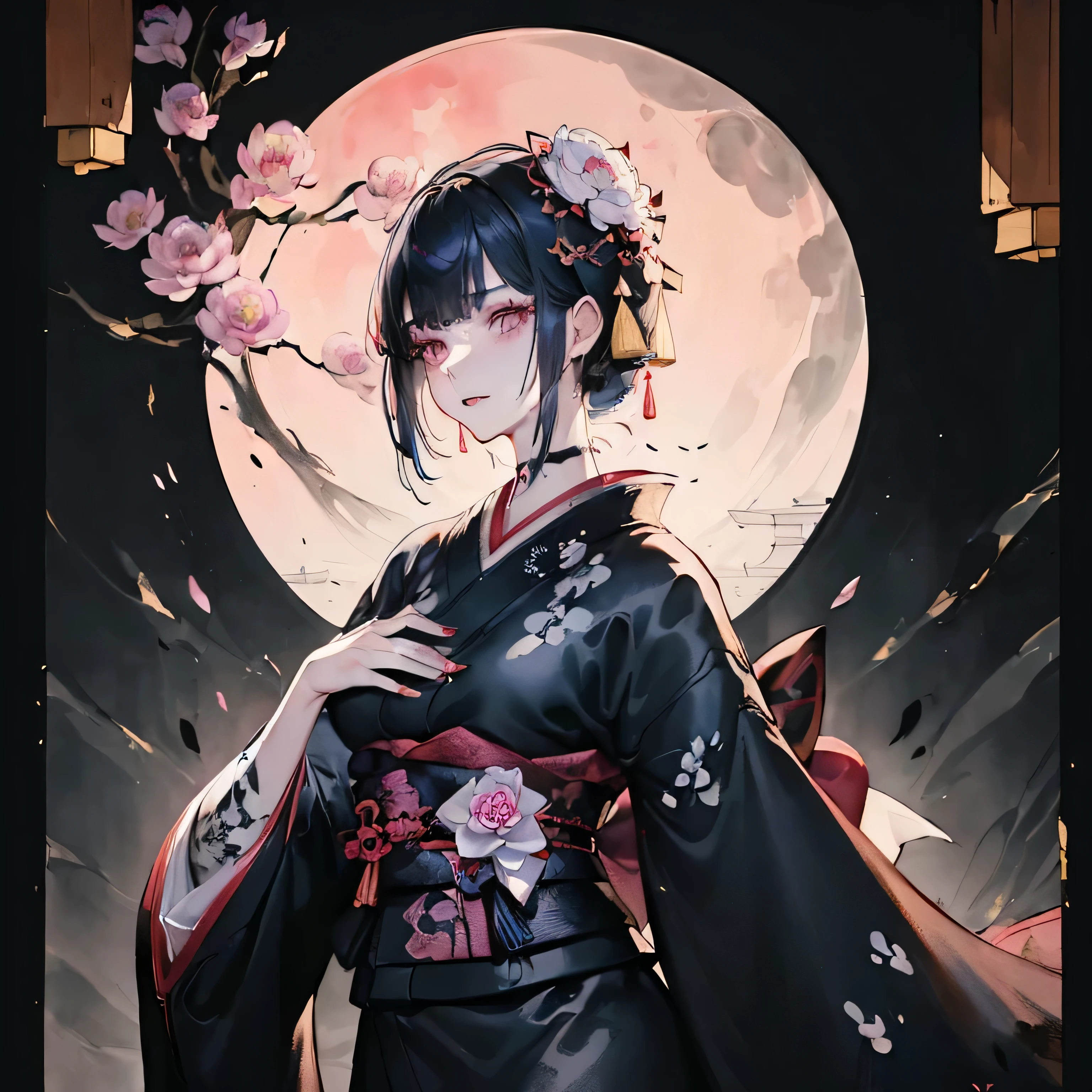 (((Ink painting:2)))(((Woman in Japanese style、Black hair super long hair、very long hair:1.5、Hair tips trimmed horizontally:1.4、hime cut:1.8、bangs cut horizontally:1.5　thin jaws、thin, slanted eyes、high nose、lace black choker、Kimono with frills　black snake tattoo on body)))、Peony hairpin、black eyes、beige eyeshadow、red lipstick、morbidly white skin:1.8、Kimono that shows some shoulders、(((Luxurious black kimono with delicate patterns:1.5)))、(((slender and delicate body:1.6)))、(((face:1.2、face focus:1.2　close up on face:1.2)))(((I'm looking at this:1.5)))((peony flower background:1.4、The shoji opens and you can see the garden:1.4、moon floating in the sky:1.4,Japanese room without lighting:1.8、Interior illuminated by big blue moonlight:1.8)))(((Touching the chest with one hand:1.2)))(profile:1.2)(((moonlight:1.8)))(((Blue hour:1.6)))official fine art，Representative works，masterpiece、highest quality、High resolution, beautiful detailed glow, 