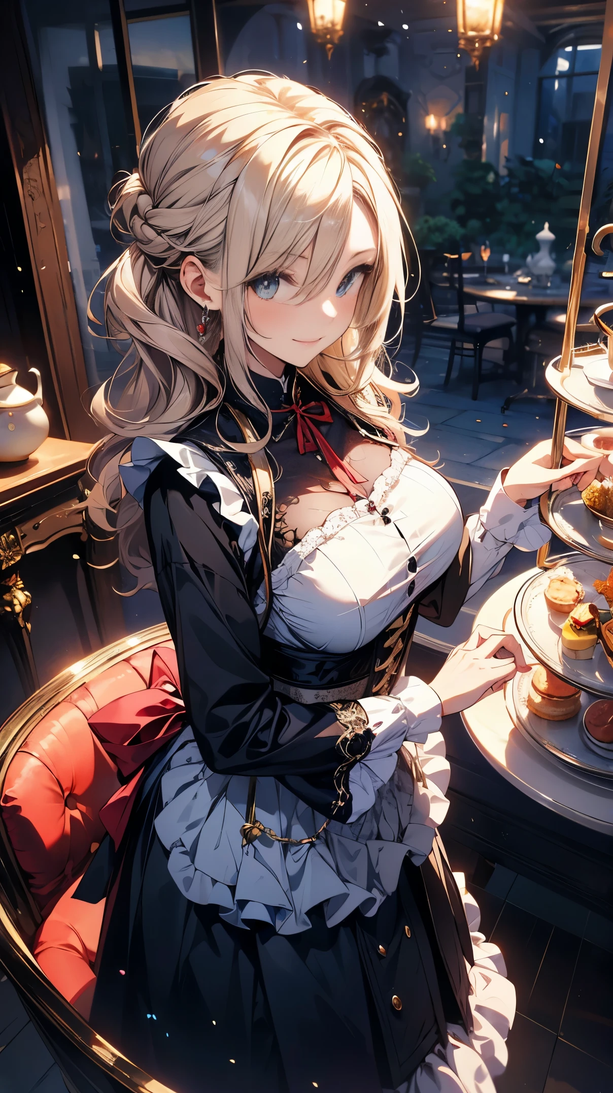 (Masterpiece, best quality), (ultra high resolution, 8K RAW photo, photo realistics:1.5, textile shading, thin outline), Beautuful Matured woman preparing tea-party in the garden, (tea set, tea pot, tea cups, some cakes on dish), Gothic table, wearing traditional dark-brown maid uniform, maid costume:1.2, long flare skirts, apron, Tall and long legs, long white hair, wearing rimless grasses, (milf:1.5, 28 years old, solo), (large breast, sagging breast, big tits, narrow waist), (long white hair, hair over one eye, updo, side lock, asymmetric hair, wavy hair), (bright pupils, detailed eyes, high detailed face, Perfect face shape, eye rush), (seductitve smiling, half-closing eyes), (looking at viewers:1.3), (dynamic angle, tighs focus, from above:1.2), ((correct anatomy:1.5, correct hands)), (ideal ratio of body proportions), outdoor, glass garden, 