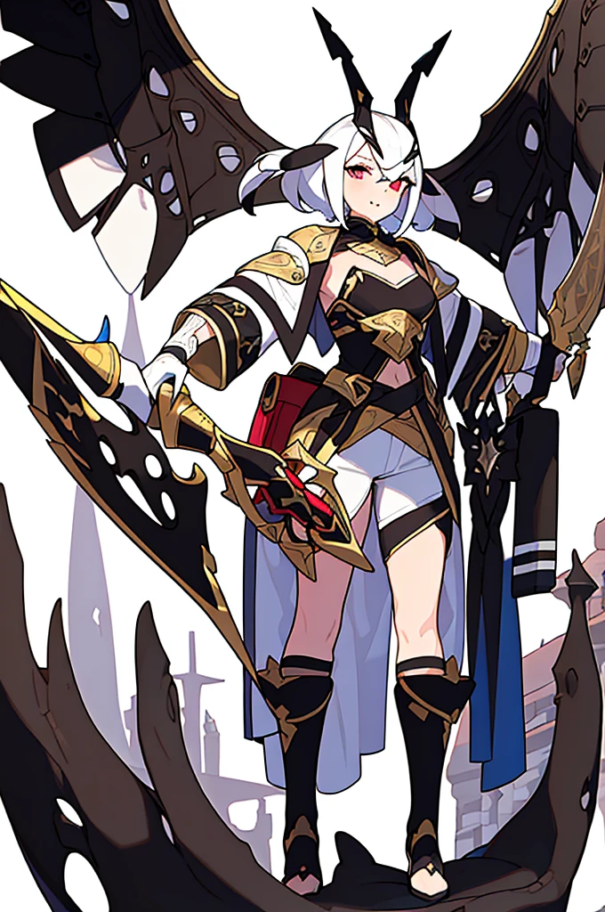 (((8k, masterpiece, Best Quality, top-quality)), solo female, standing, (((white background))), character focus, fantasy clothes, character design, shorts, holding weapon, full body,
