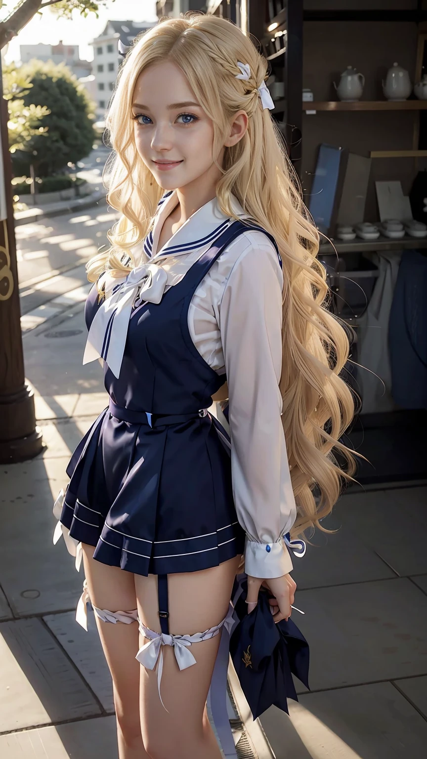 26 year old white woman、hair color is blonde、Hair is wavy、Decorate your hair with a ribbon、Eye color is blue、long hair、slender、smile、wearing a sailor suit、He wears an azuki-colored ribbon tie.、She's wearing a dark blue pleated skirt.、I'm wearing low heels、I'm inside a girls' high school with lots of trees.、smile、Head-on perspective、Breast size、slenderだが均整の取れた細マッチョな身体