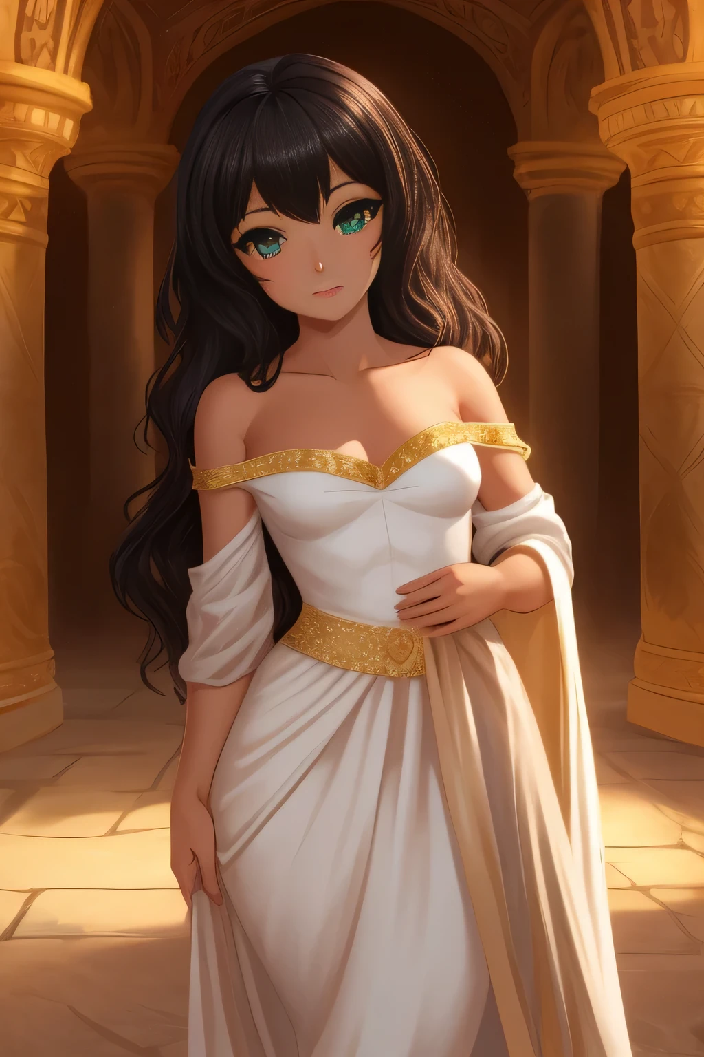 Tanned girl. Conan Exiles style, standing in front, (((((front))))) Full body volumetric lighting, body highlighted by light, Front light, Young atletic, female, girl, human ears, clean-shaven, prince, calm expression (16 years old age) (Young face), Tanned skin (swarthy skin), sexy body (Good anatomy) Mexican facial features,jet blackn hair, hair, human ears, long hair, wavy hair to the middle of her back, calm expression, white sclera, green Eyes (Detailed Eyes, beautiful eyes, princess eyes) Top Rated Pixiv, ornate silk dress, two piece dress, off shoulder dress, ((two pieces dress)) ornated dress,curvy figure, hourglass silhouette, perfect breasts, slender waist, wide hips, Gold Necklace with a Gem, princess elegant, expensive clothes, gold beads and gems, beautiful face, young face, perfect face, ornated temple in a oasis behind it, Sunny day, Few clouds in the sky.
