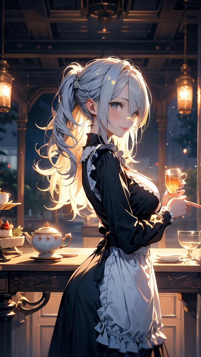 (Masterpiece, best quality), (ultra high resolution, 8K RAW photo, photo realistics:1.5, textile shading, thin outline), Beautuful Matured woman preparing tea-party in the garden, (tea set, tea pot, tea cups, some cakes on dish), Gothic table, wearing traditional dark-brown maid uniform, maid costume:1.2, long flare skirts, apron, Tall and long legs, long white hair, wearing rimless grasses, (milf:1.5, 28 years old, solo), (large breast, sagging breast, big tits, narrow waist), (long white hair, hair over one eye, updo, side lock, asymmetric hair, wavy hair), (bright pupils, detailed eyes, high detailed face, Perfect face shape, eye rush), (seductitve smiling, half-closing eyes), (looking at viewers:1.3), (dynamic angle, tighs focus, from side below:1.2), ((correct anatomy:1.5, correct hands)), (ideal ratio of body proportions), outdoor, glass garden,
