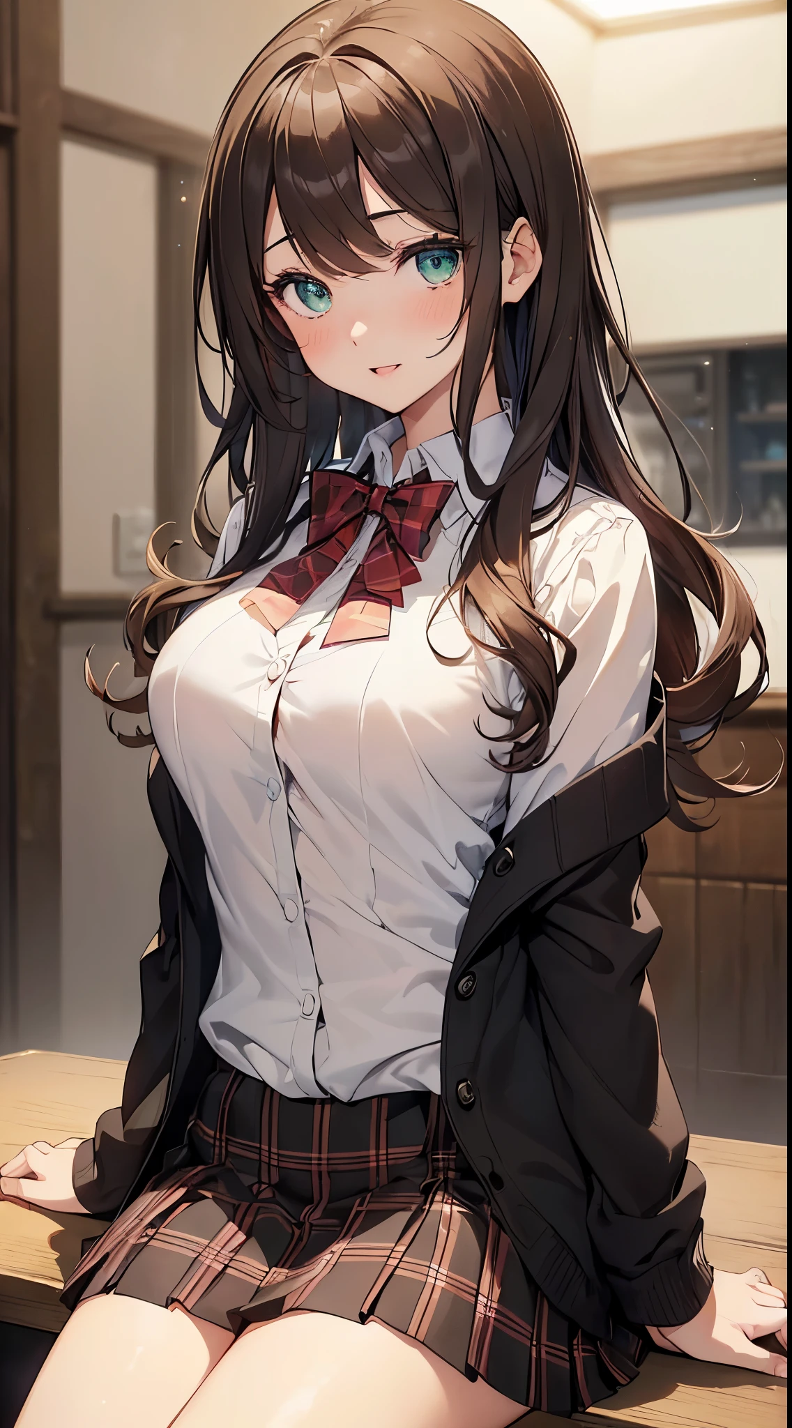 ((on the table, best quality, high resolution, north african free trade area, pixel perfect, depth of field, 4K, north african free trade area, north african free trade area))), 1 girl in, single, alone, beautiful anime girl, beautiful art style, anime characters, ((long hair, Bangs, dark brown hair, curls:0.8)), ((green eyes:1.4, delicate eyes, beautiful eyes, perfect eyes,Curly eyelashes, realistic eyes)), ((Detailed face, blush:1.2)), ((smooth texture:0.75, Realistic texture:0.5, Anime CG style)), medium, dynamic angle, plump, Perfect body, dynamic poses, ((red bow tie, Uniforms, black jacket, open jacket, Brown cardigan, White shirt, black skirt, Plaid skirt)), Smile, open mouth, Put your arms behind your back, lean forward, amment park, ((close up, Throw, Lovely, cum on face))