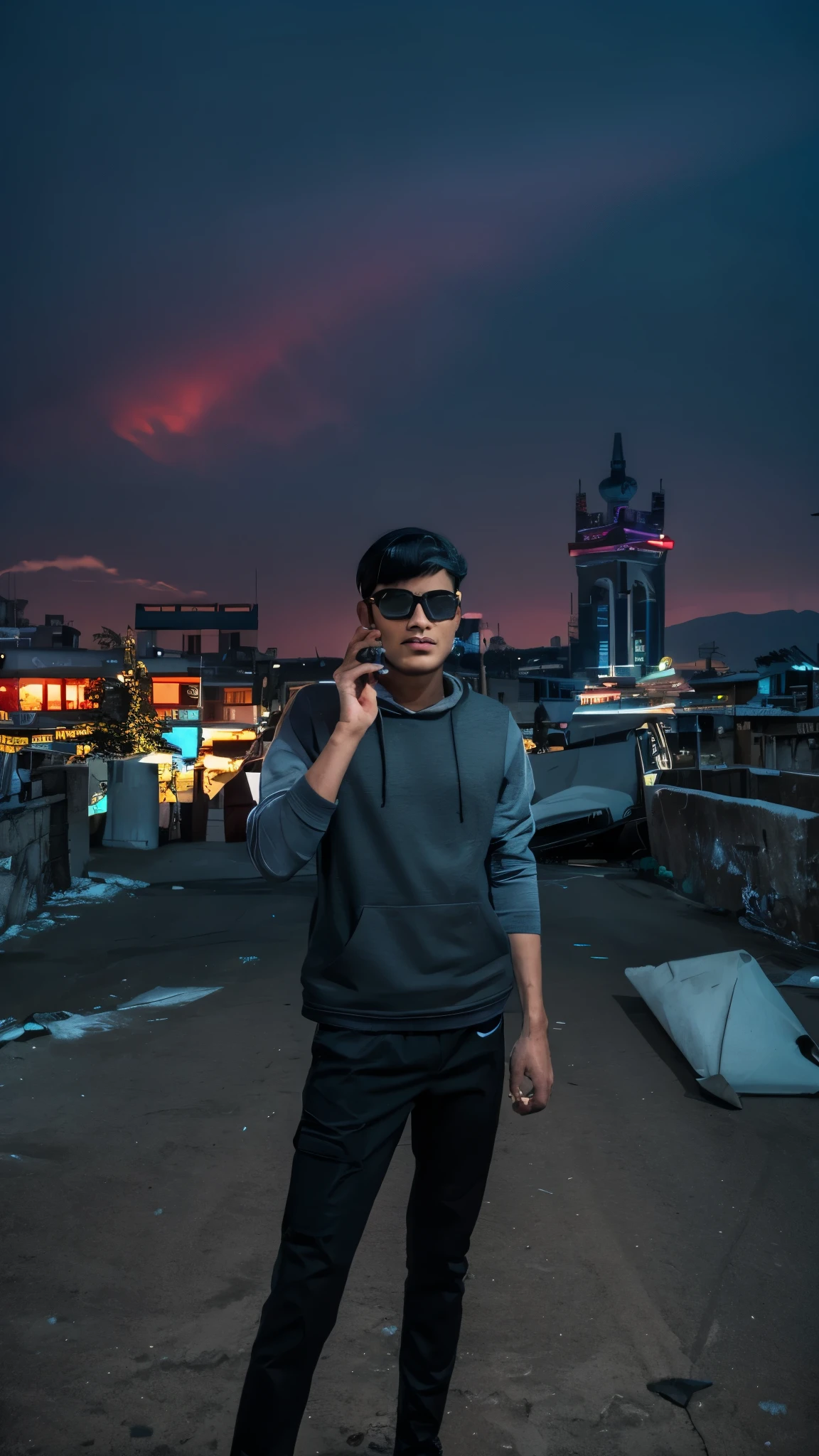 Cyberpunk and background change,8k, ultra realistic king taaz on head, t-shirt colour black