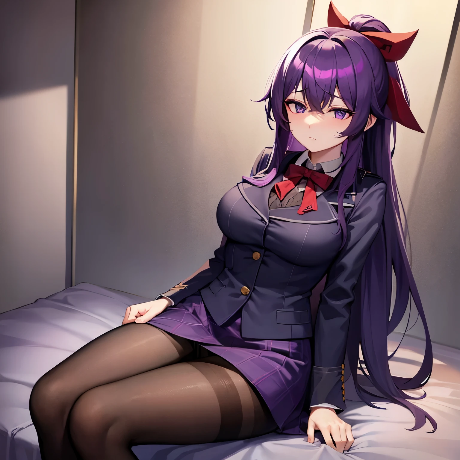 dark purple hair、long hair、big breasts、purple eyes、uniform、North Cart、pantyhose、panties、ponytail、Expressionless、emotionless、peeing、white shirt、red ribbon