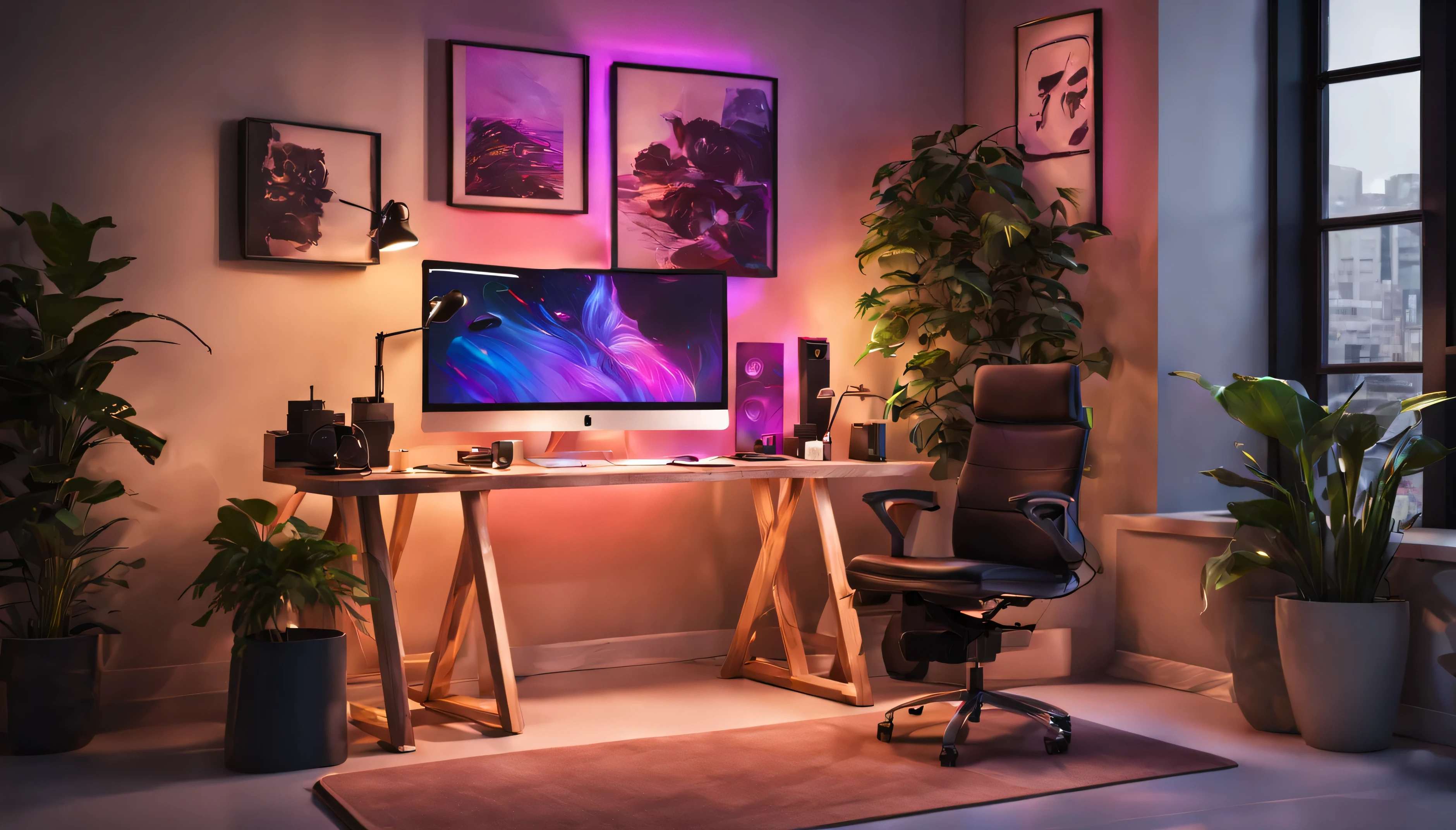 "Imagine designing a dynamic content creator's studio with a multi-functional space, vibrant RGB lighting, and additional ambient and accent lighting for depth. Integrate a stylish wooden showcase featuring a curated mix of tech gadgets, awards, and personal memorabilia. Illuminate the scene with RGB lighting, creating a lively and modern atmosphere. Include a dedicated podcast setup with professional equipment, enhanced by effective spotlighting. Place a sleek desk with a productive computer setup, and consider adding decorative elements like wall art and plants for an enhanced aesthetic. The goal is to create a visually captivating studio background seamlessly blending creativity, technology, podcasting, and a spectrum of vibrant RGB lighting."